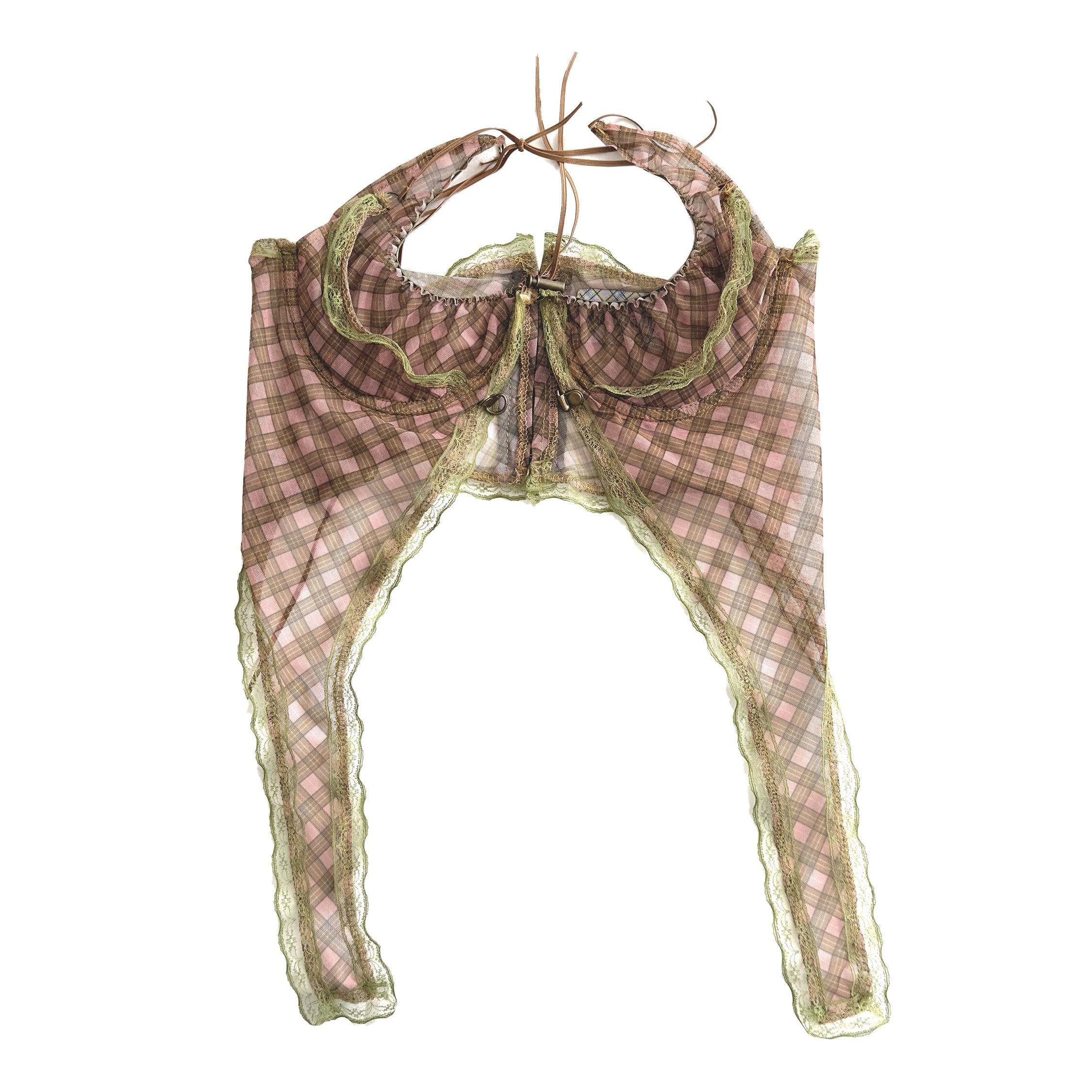 Plaid Mesh Lace Halter Top