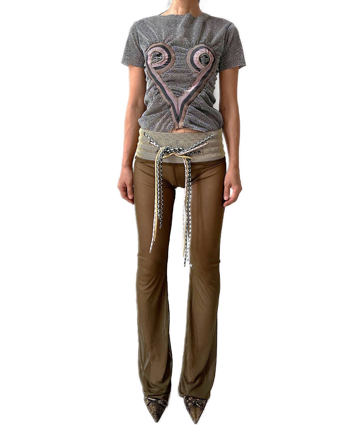 Metallic Silver Top Stripe Rib Patched Heart Shape Tee T-shirt- Purple