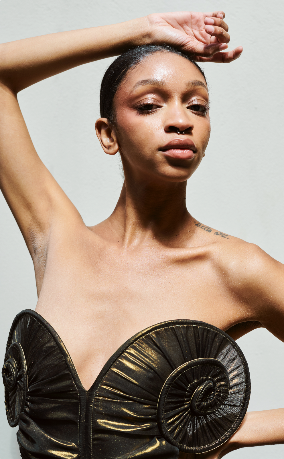 Draped Sea Shell Swirl Maxi Gown Glossy Gold