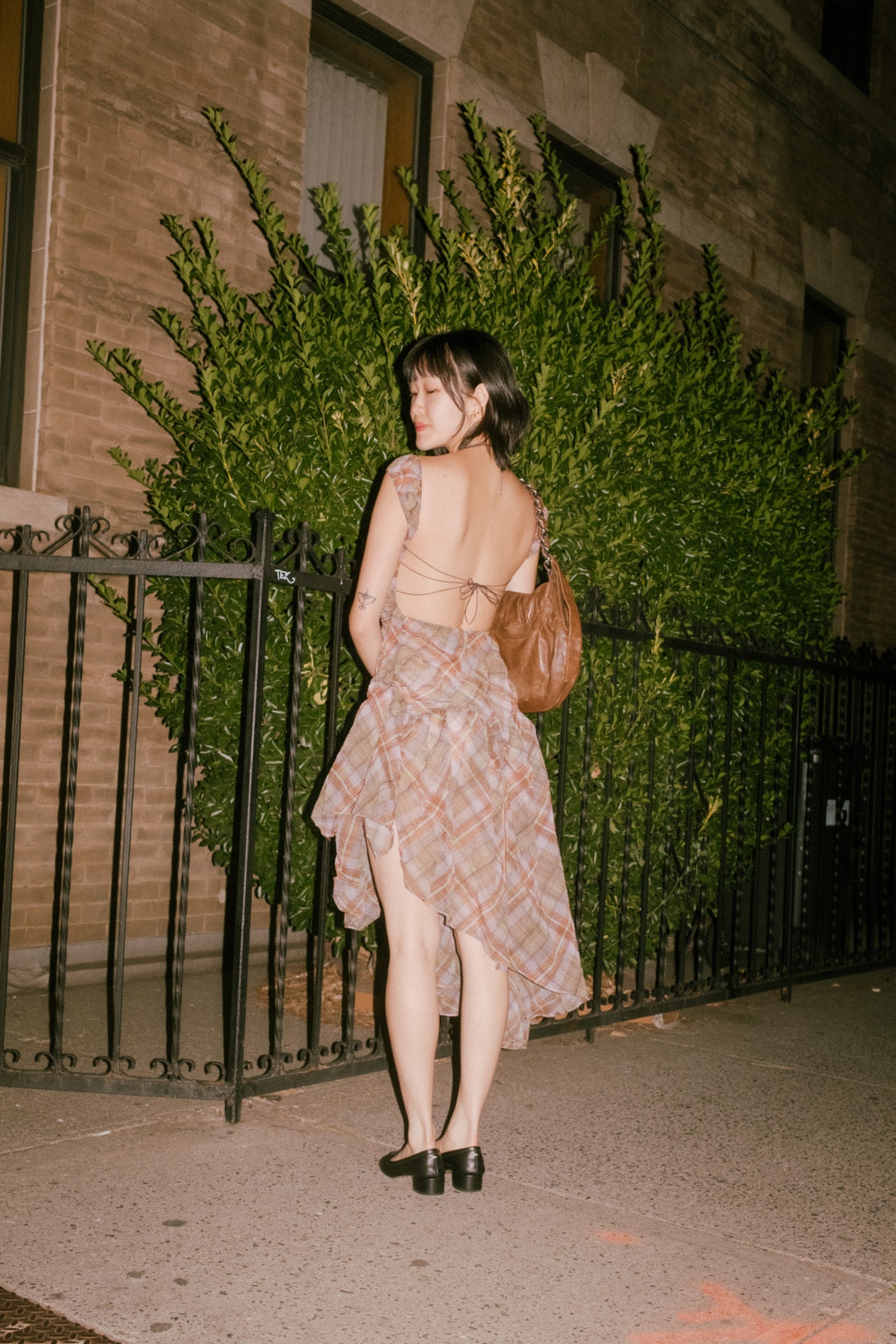 Plaid Puff Chiffon Asymmetrical Dress Earth Tartan