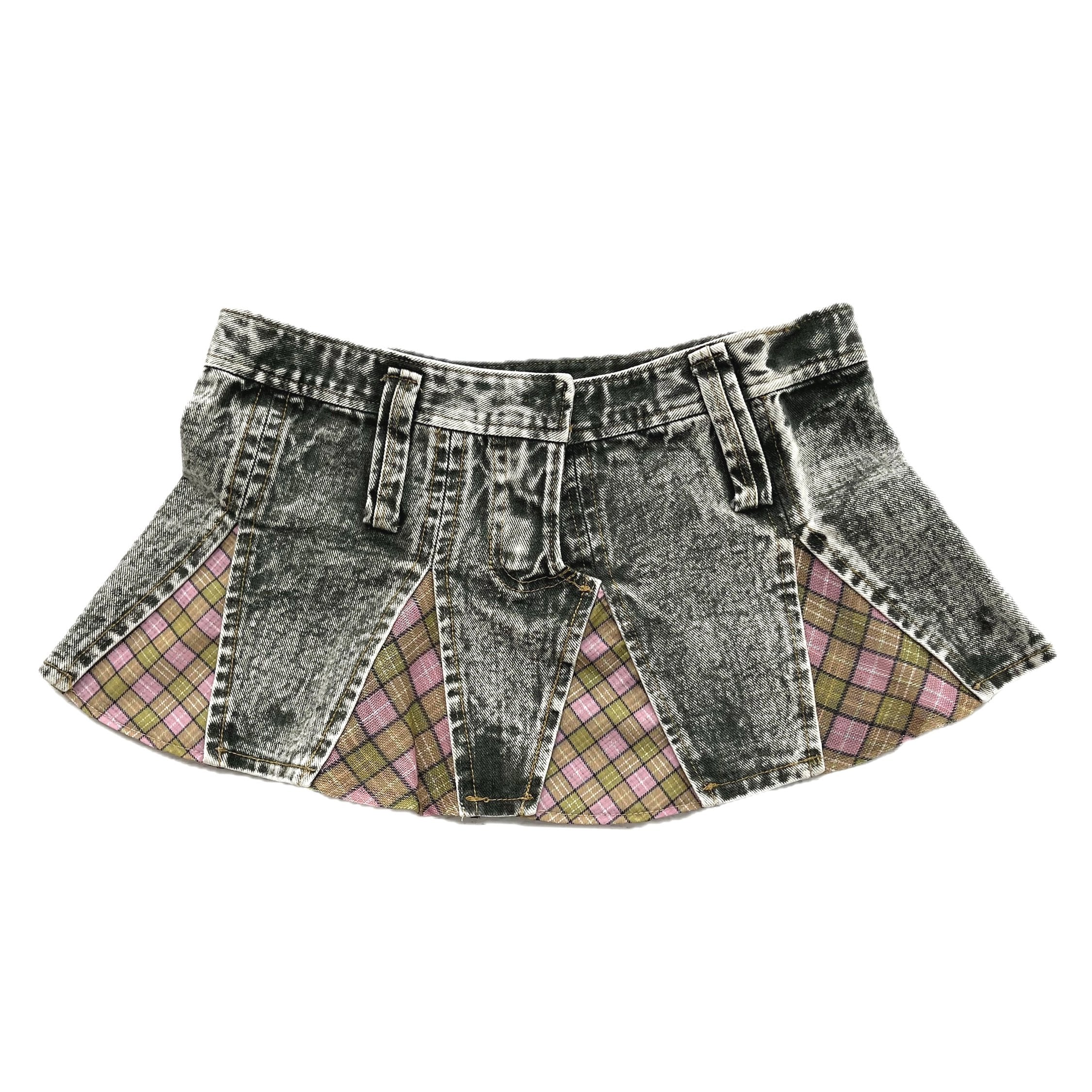 Patchwork Plaid Mini Denim Skirt Fenlü