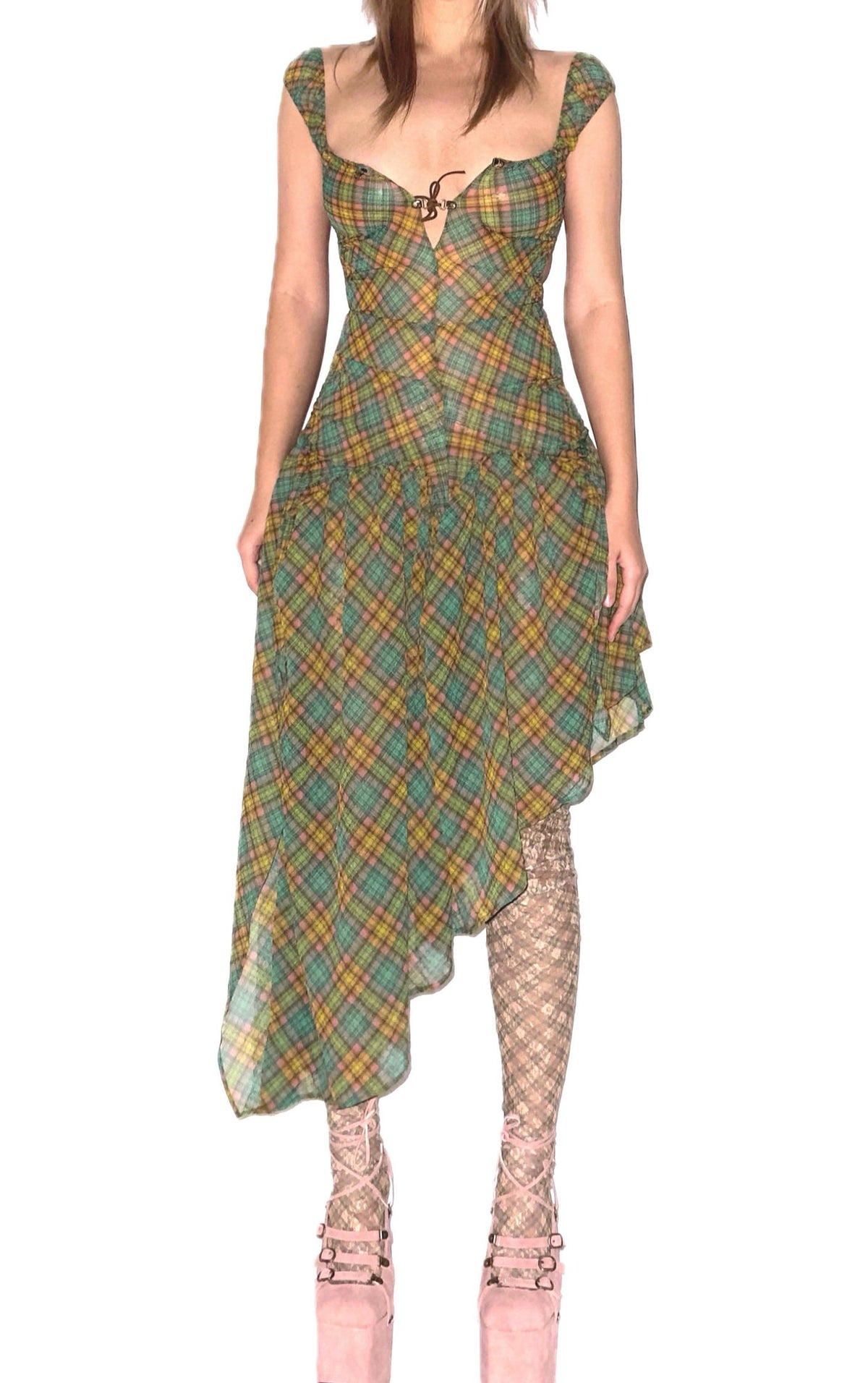 Plaid Puff Chiffon Asymmetrical Dress Aristo