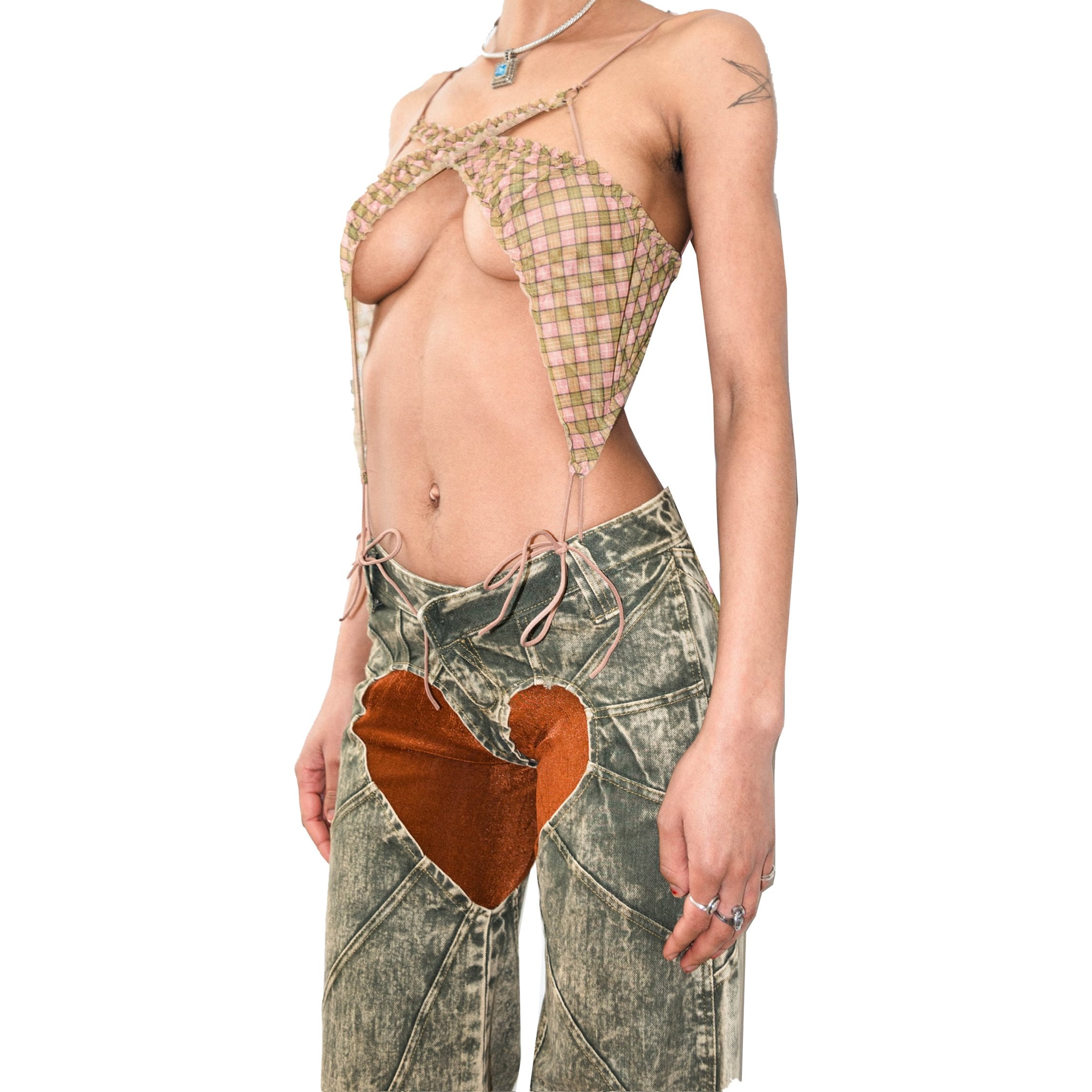 Denim Heart Jersey Rib Patch Oversized Jeans Green