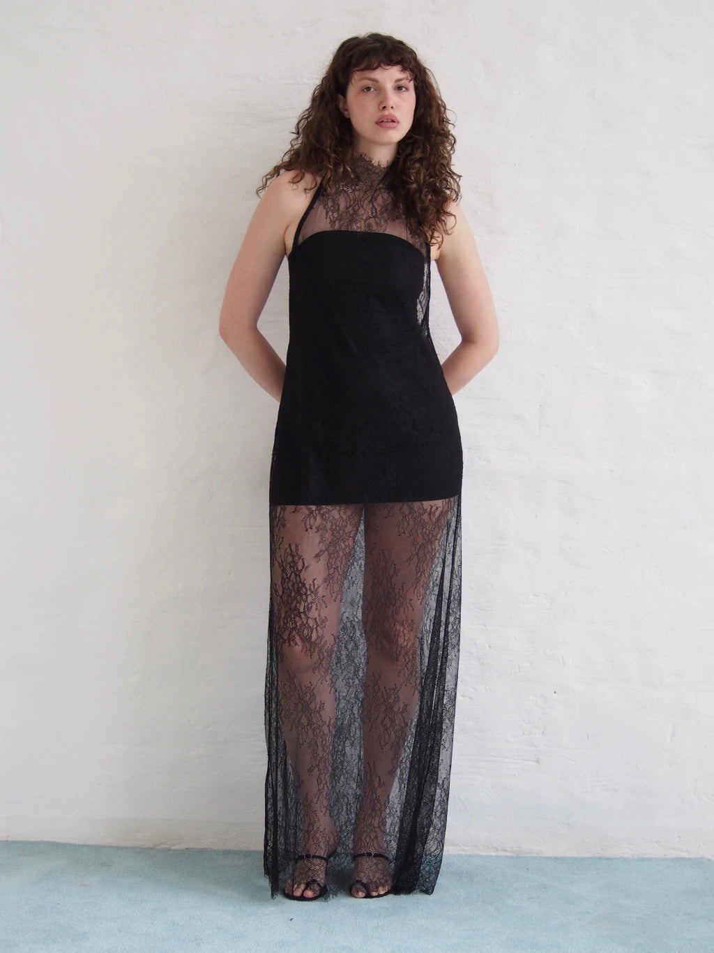 LACE NECK DRESS + STRAPLESS SLIP - BLACK