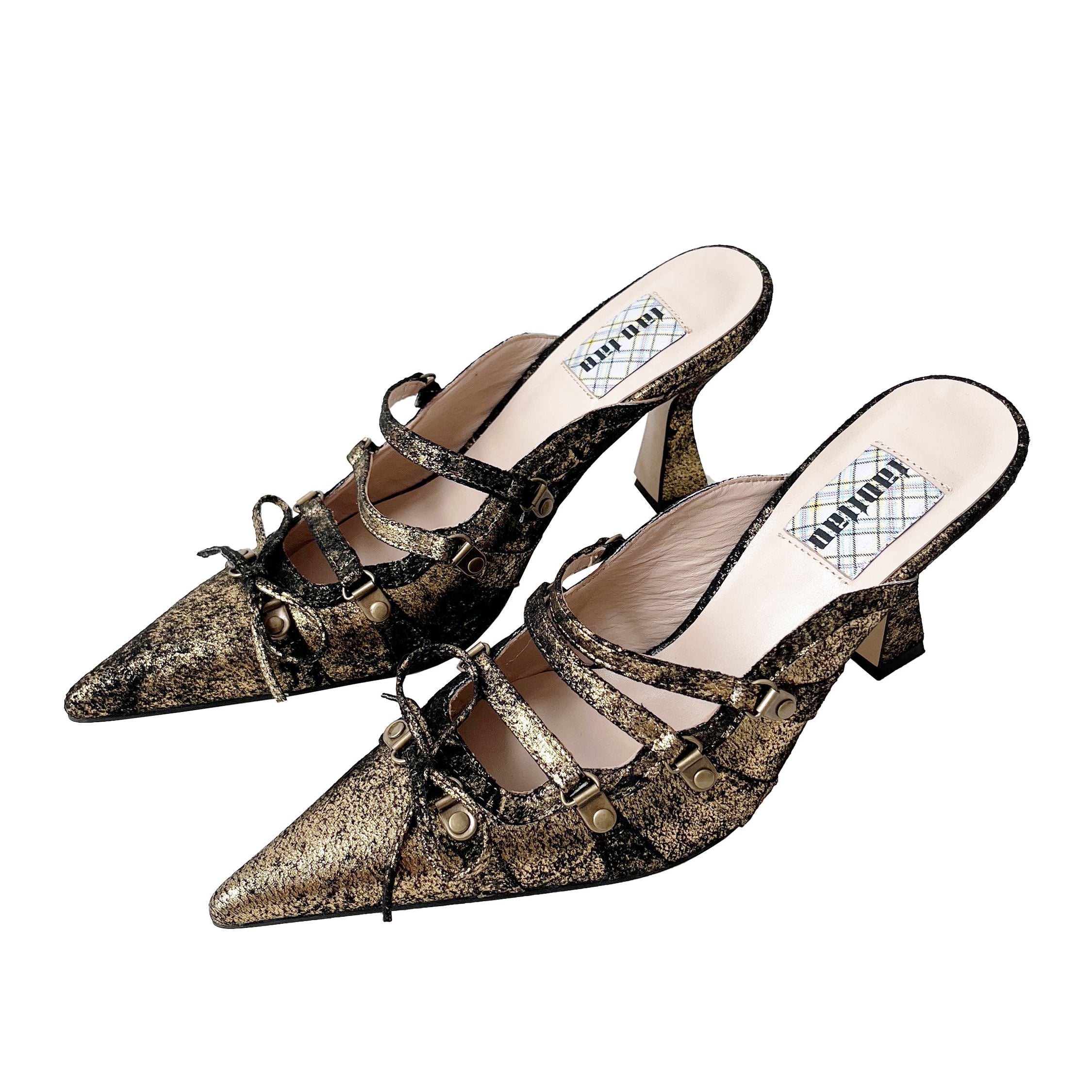 Gold Suede Satin Lace Up Pointed Toe Mules