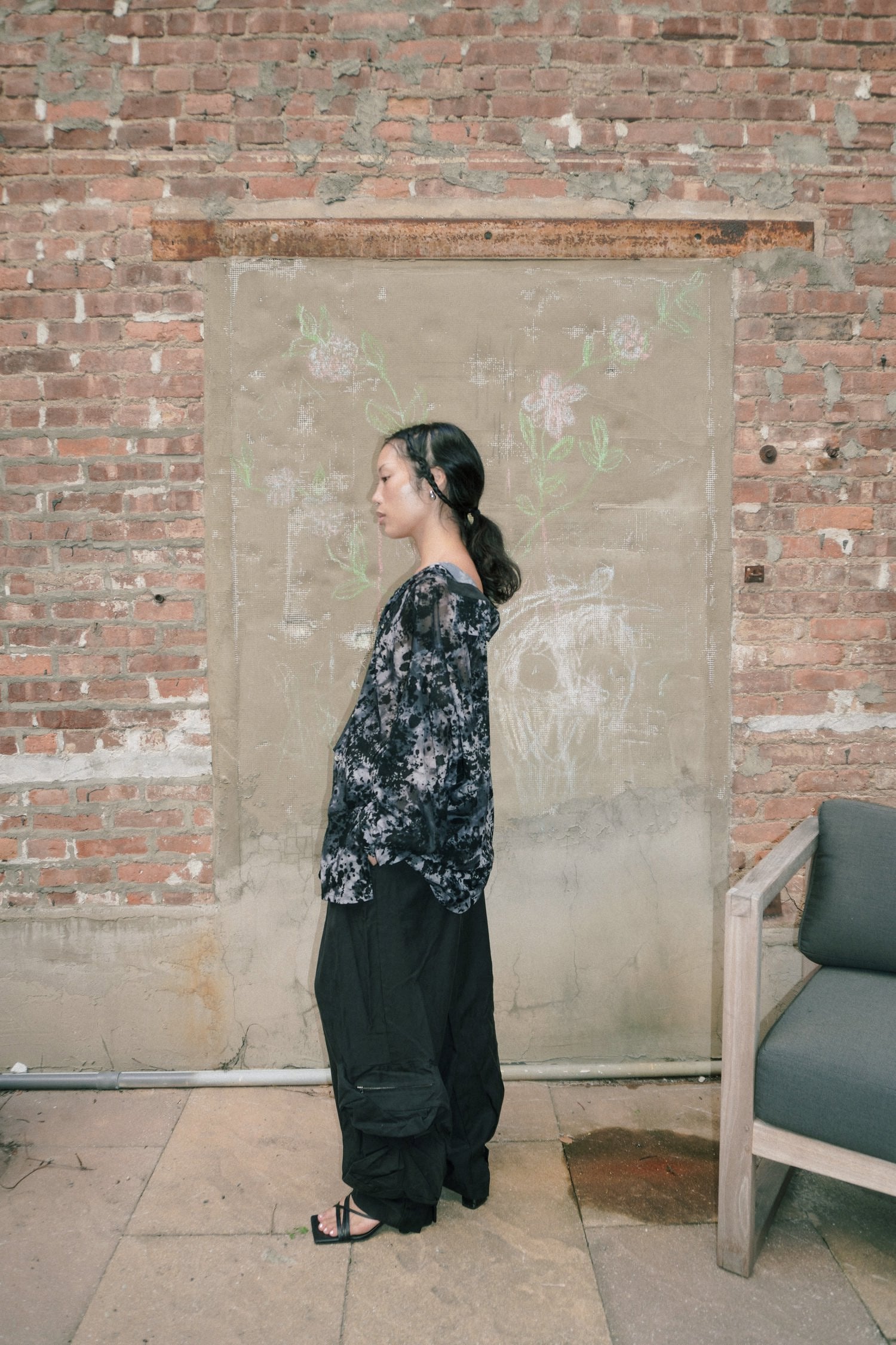 OPEN NECK MESH FLOCKING PRINT SHIRT