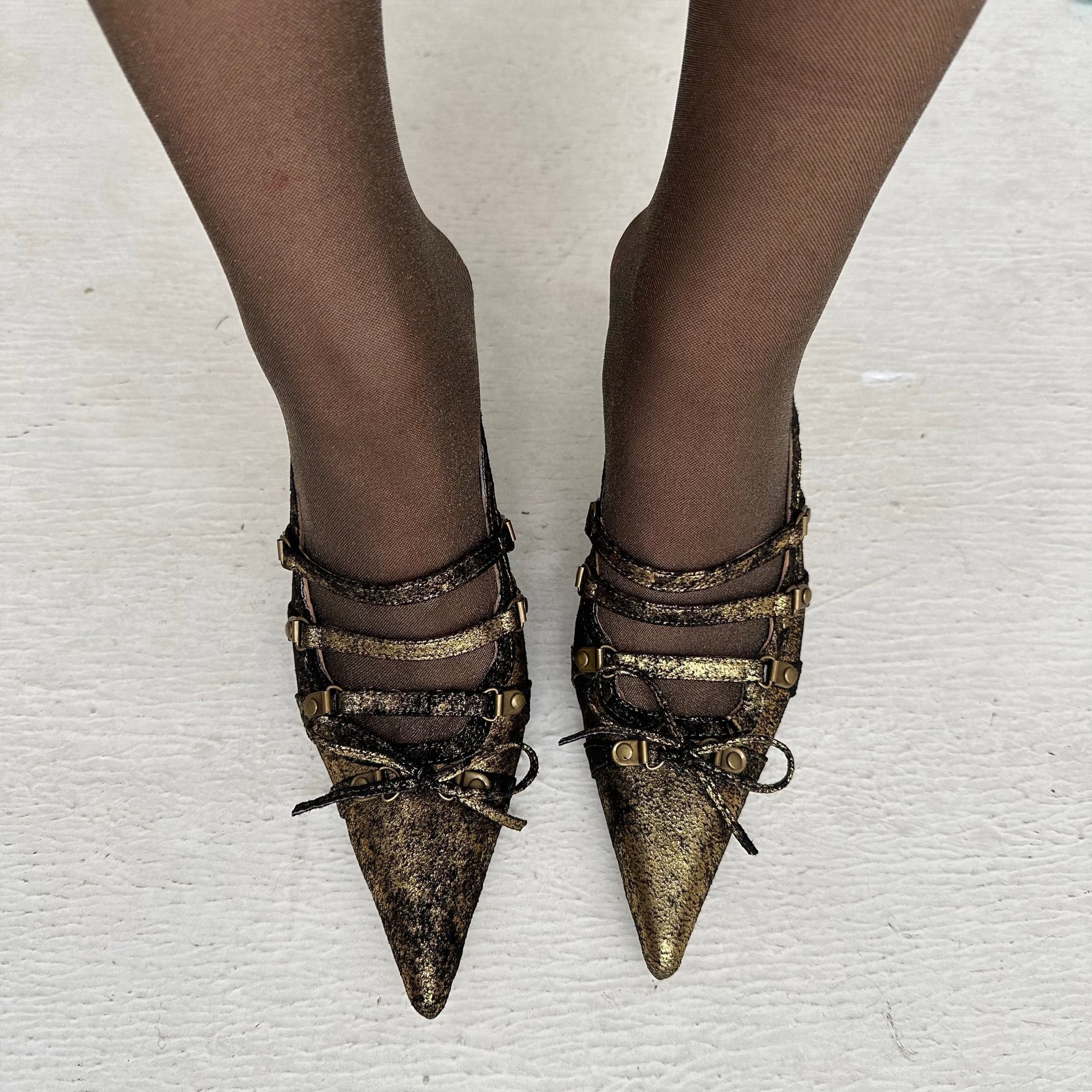 Gold Suede Satin Lace Up Pointed Toe Mules