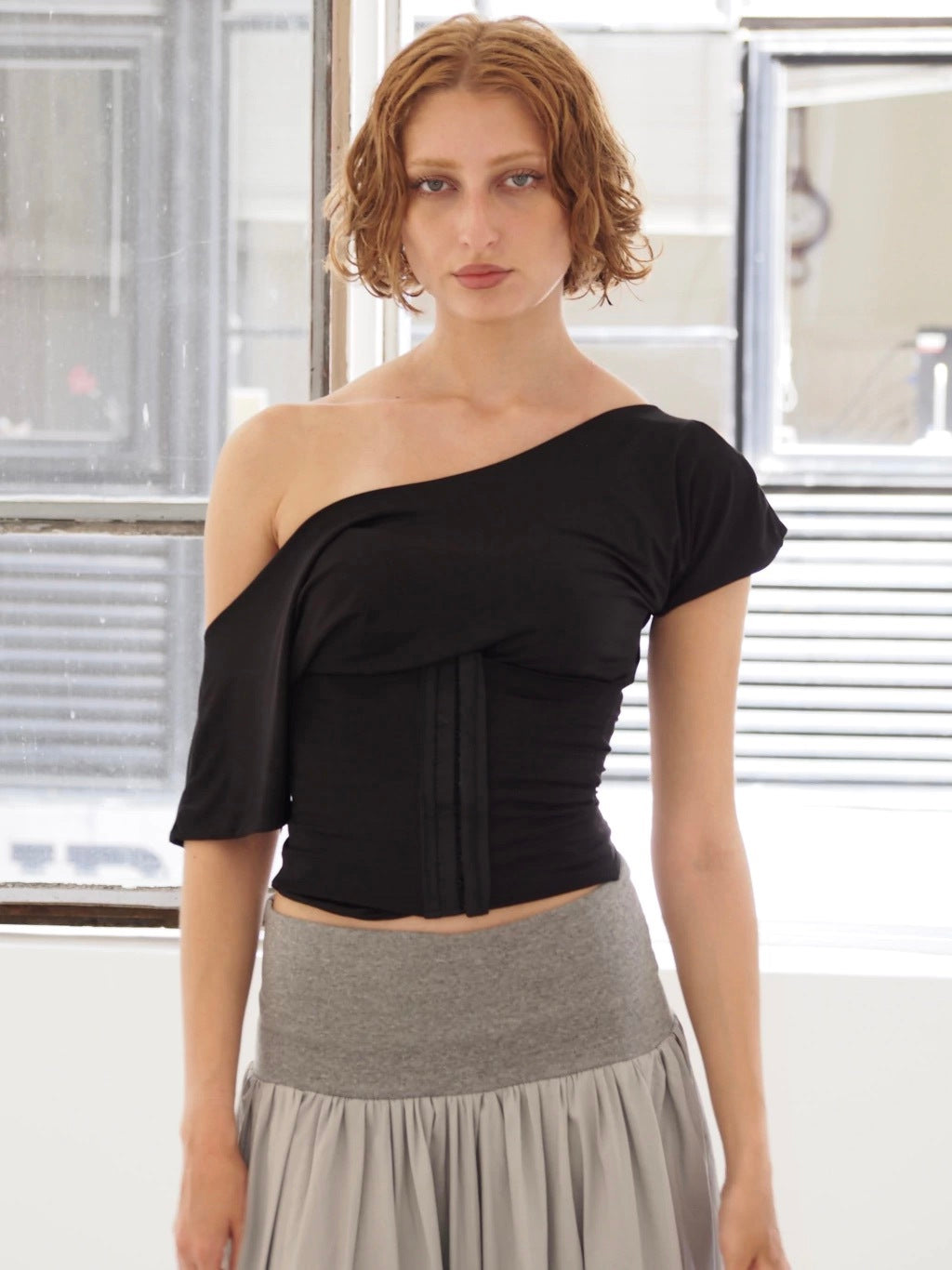 BOAT NECK CORSET TOP - BLACK
