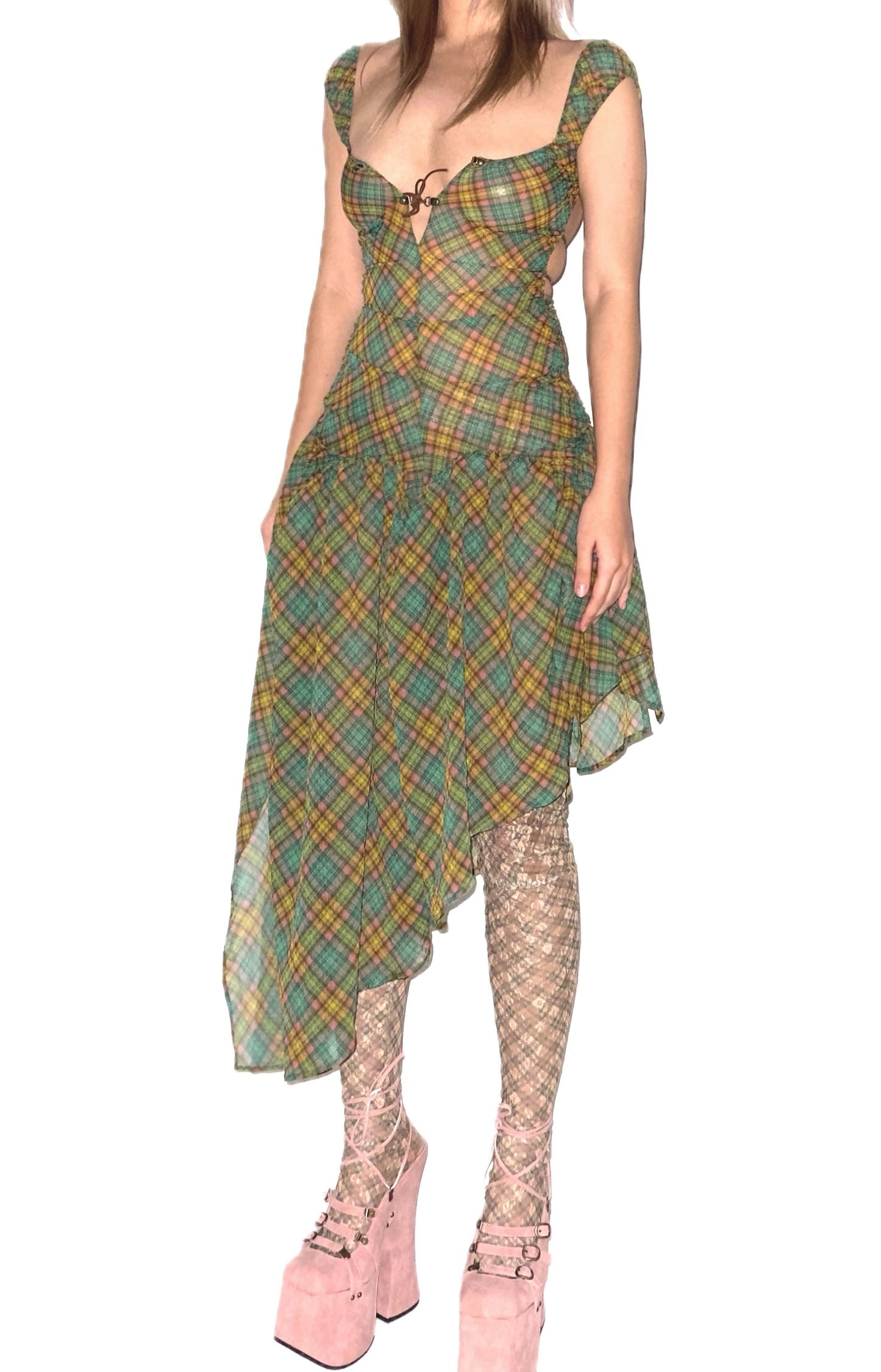 Plaid Puff Chiffon Asymmetrical Dress Aristo