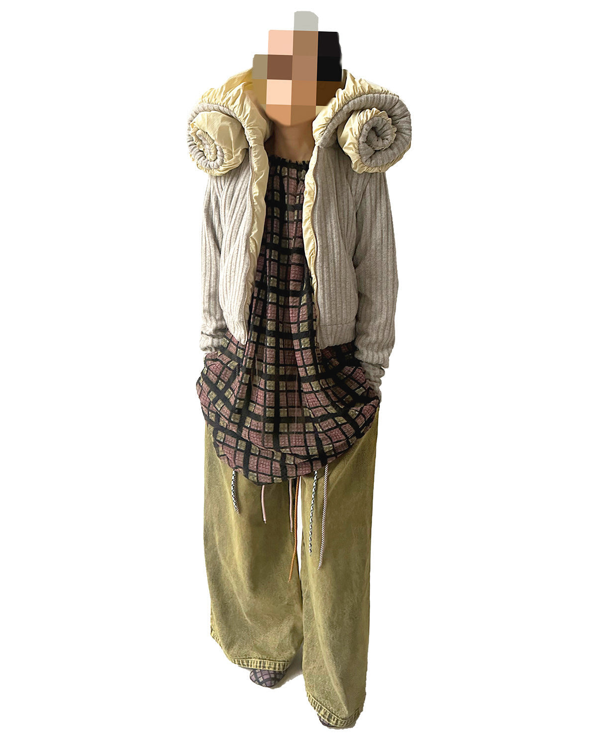 Swirl Collar Rib Knit Jacket Grey Yellow