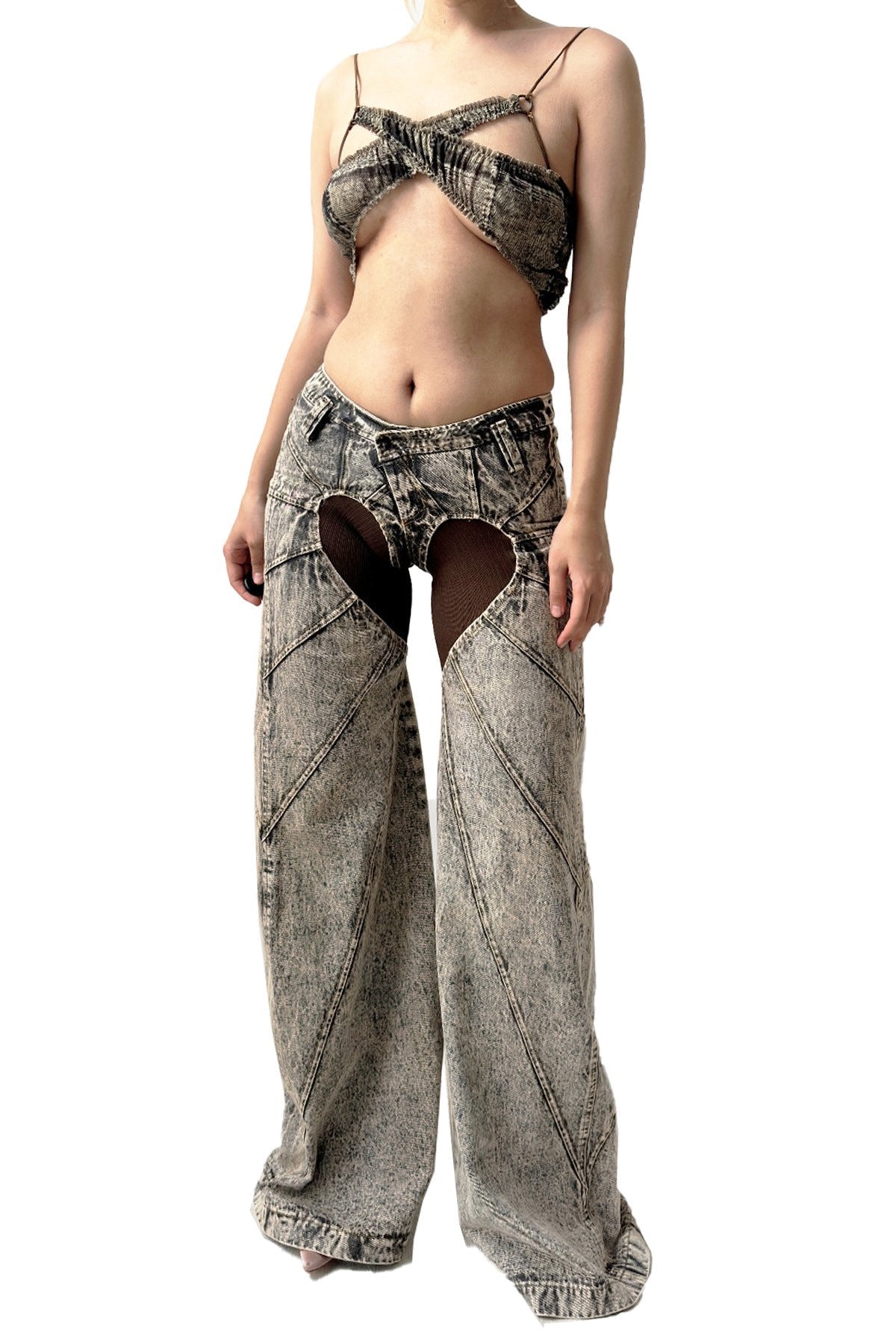 Mesh Crossover Bikini Set Denim Print