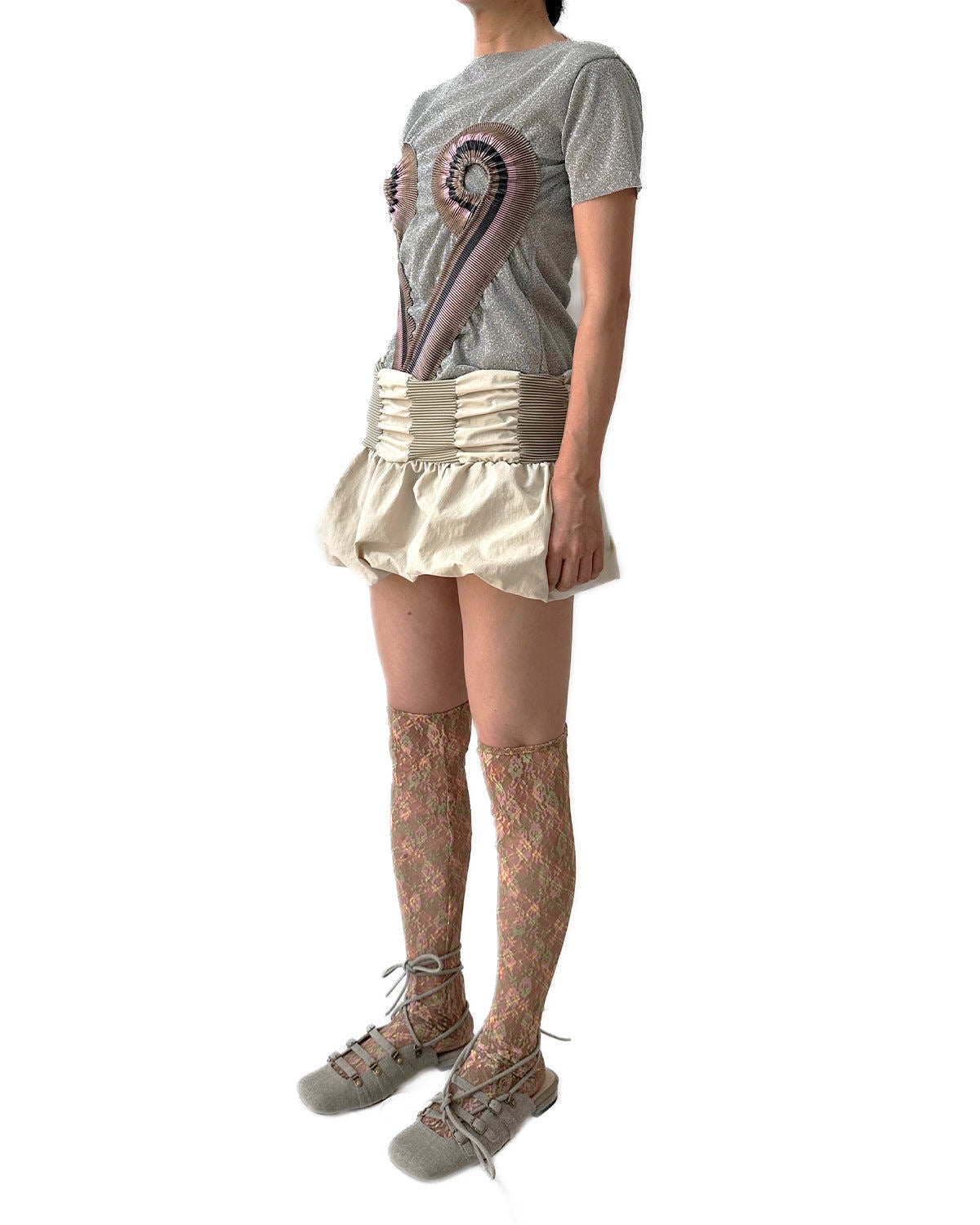 Nylon Rib Block Bubble Skirt Jade Ivory