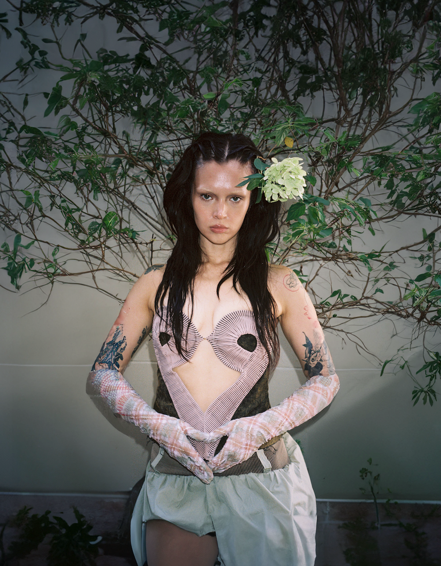 Heart Rib Pink Patchwork Tie-Dye Denim Corset Top with Cutout