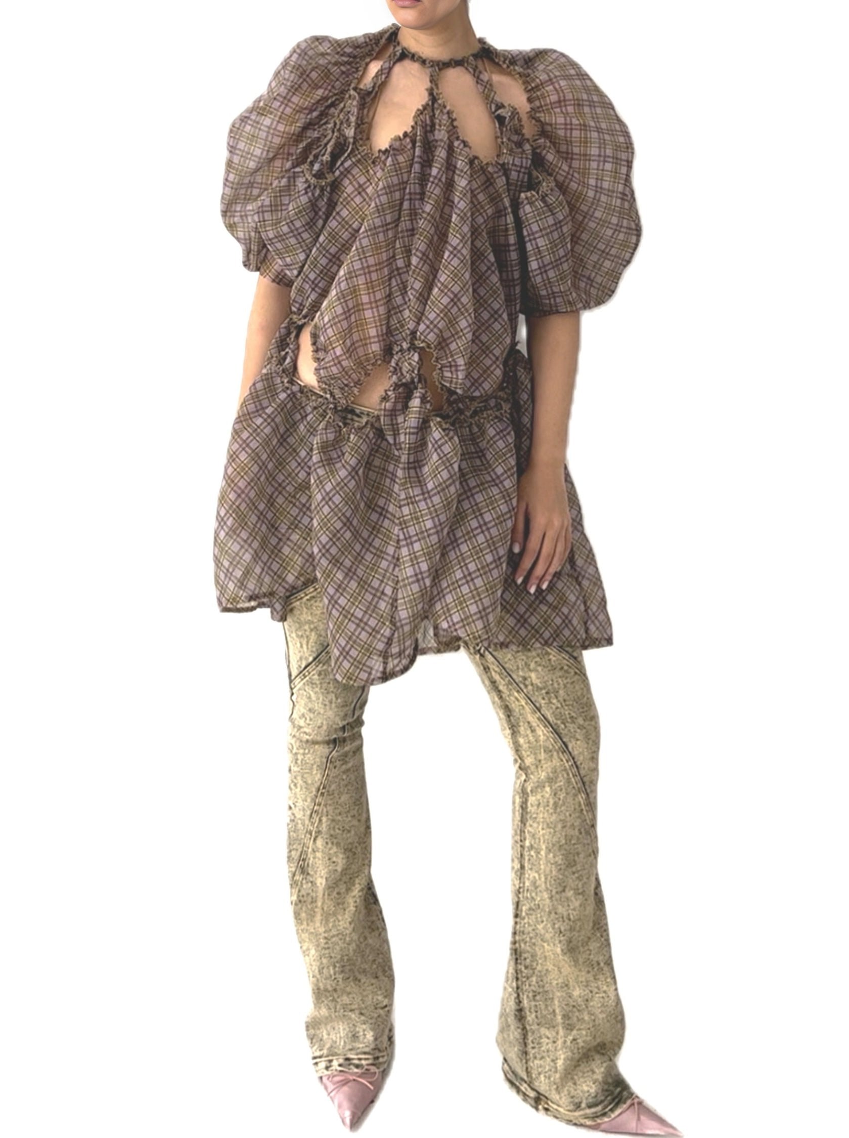 Plaid Organza Puff Sleeve Dress Purple Tartan