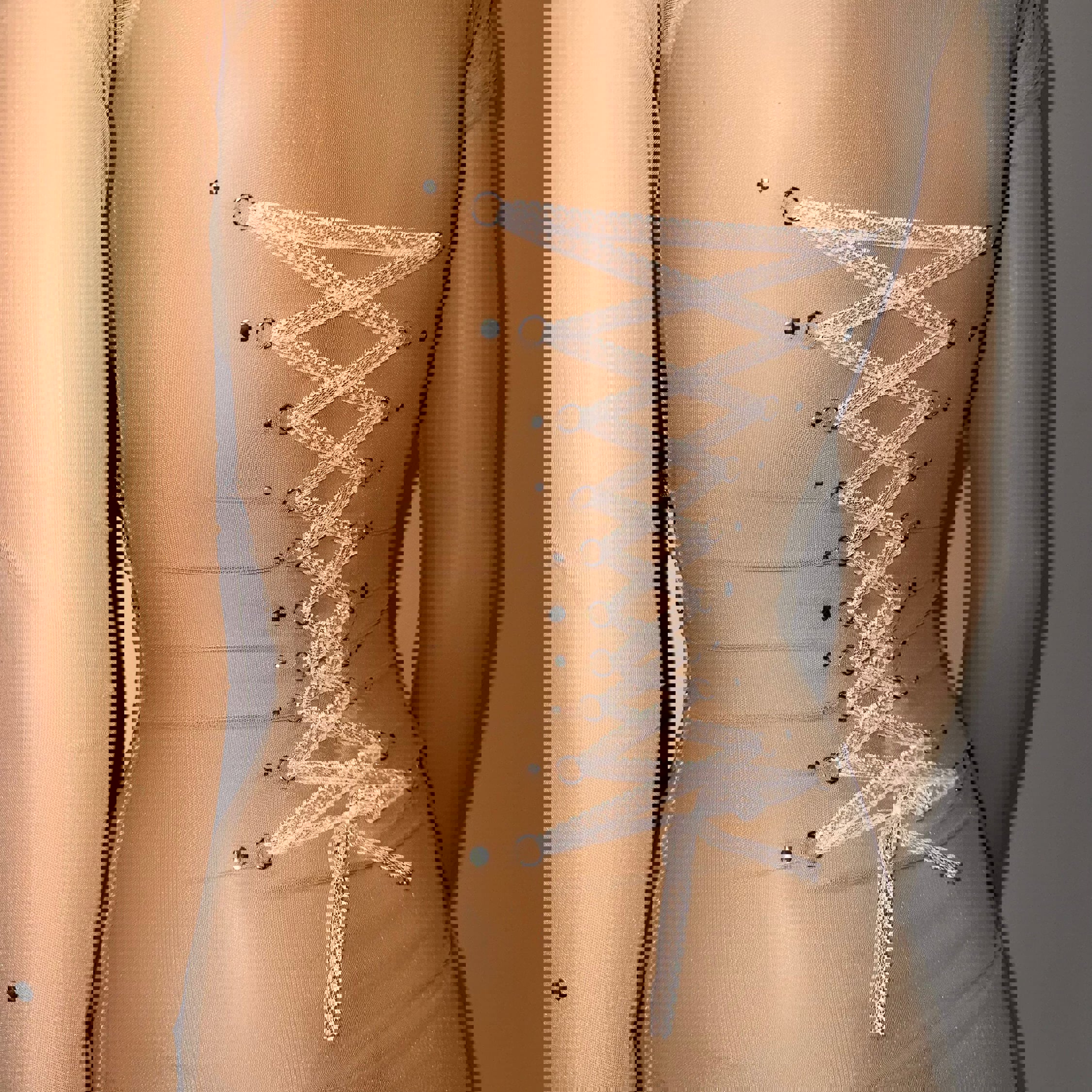 Beige Mesh Lace Up Corset Piercing Bowtie Top