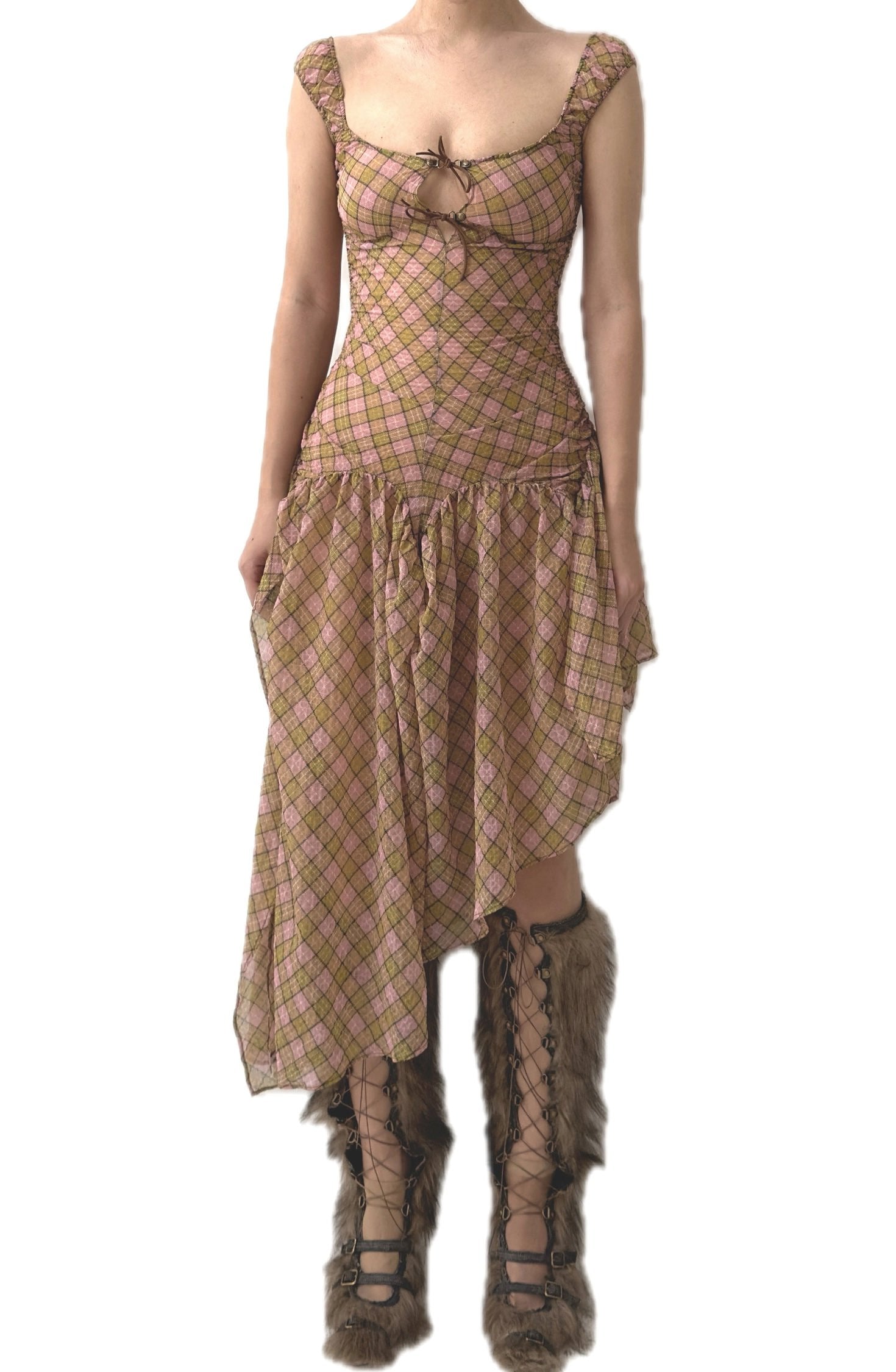 Plaid Puff Chiffon Asymmetrical Dress Fenlü
