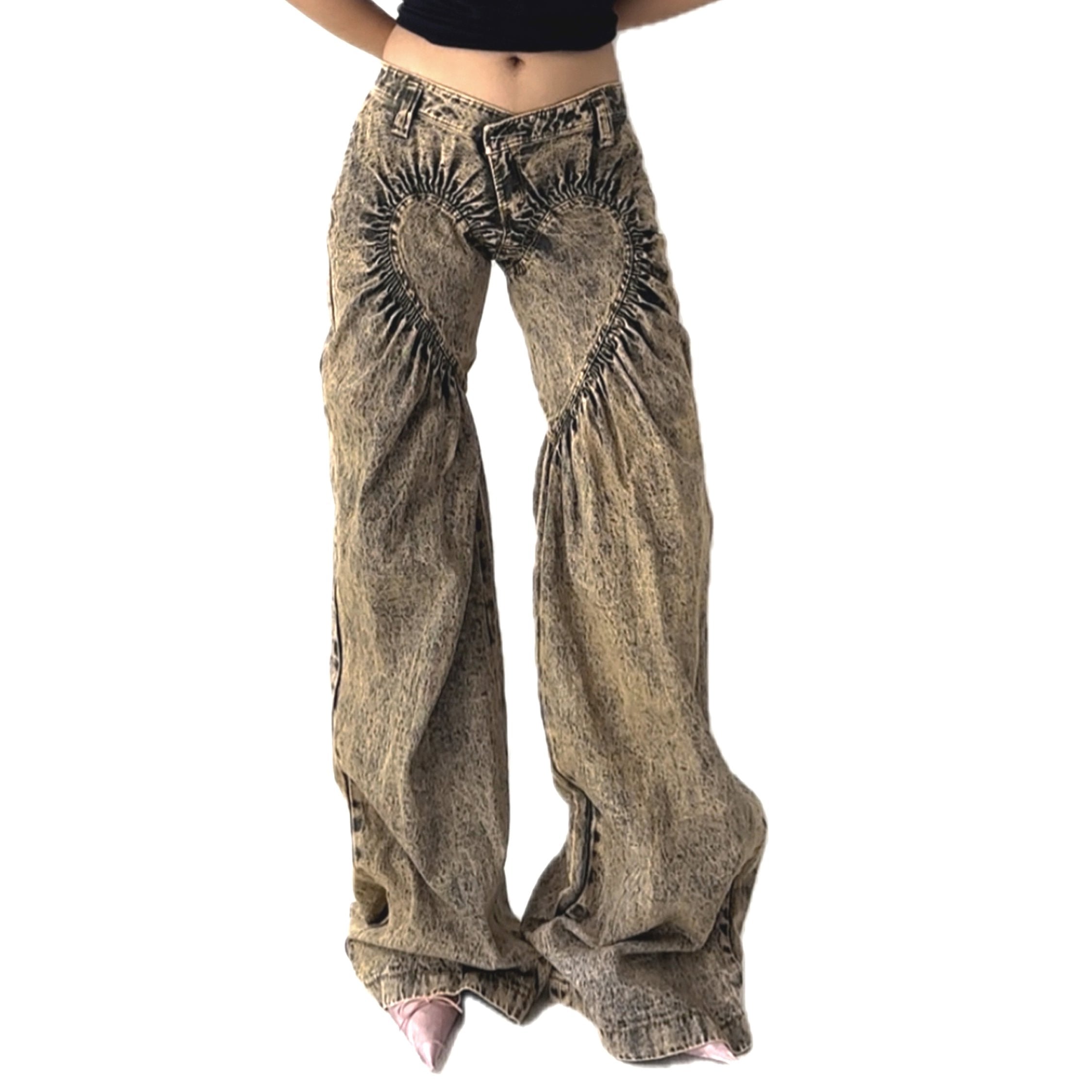 Unisex Ruched Heart Distressed Denim Jeans Black