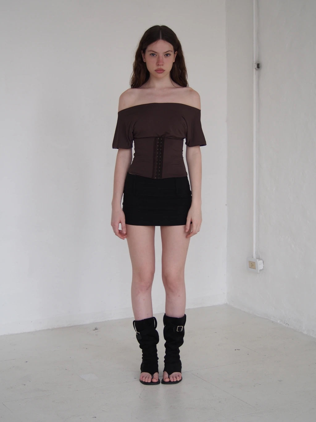 BOAT NECK CORSET TOP - BROWN