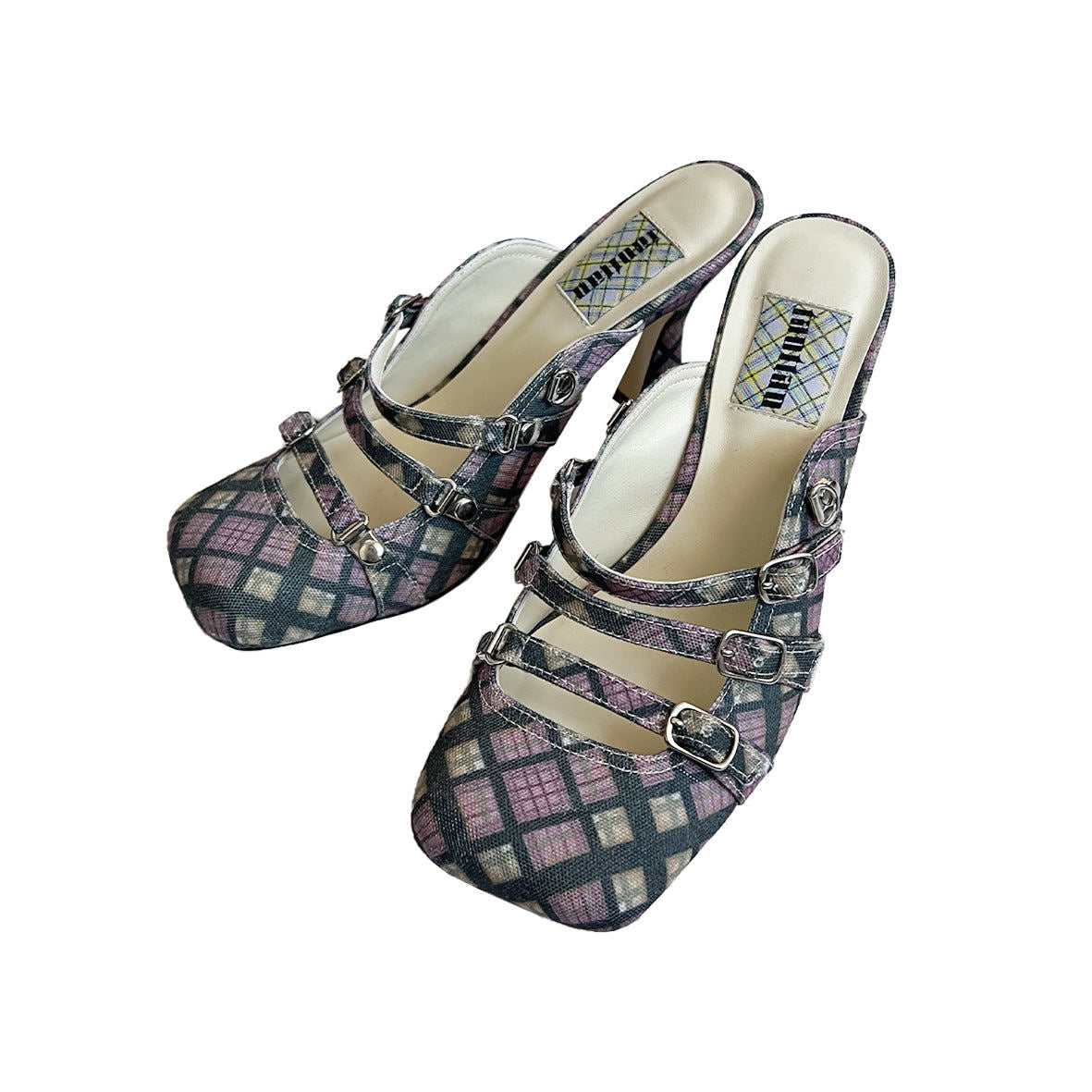 Purple Plaid Lace Up Square Toe Mules