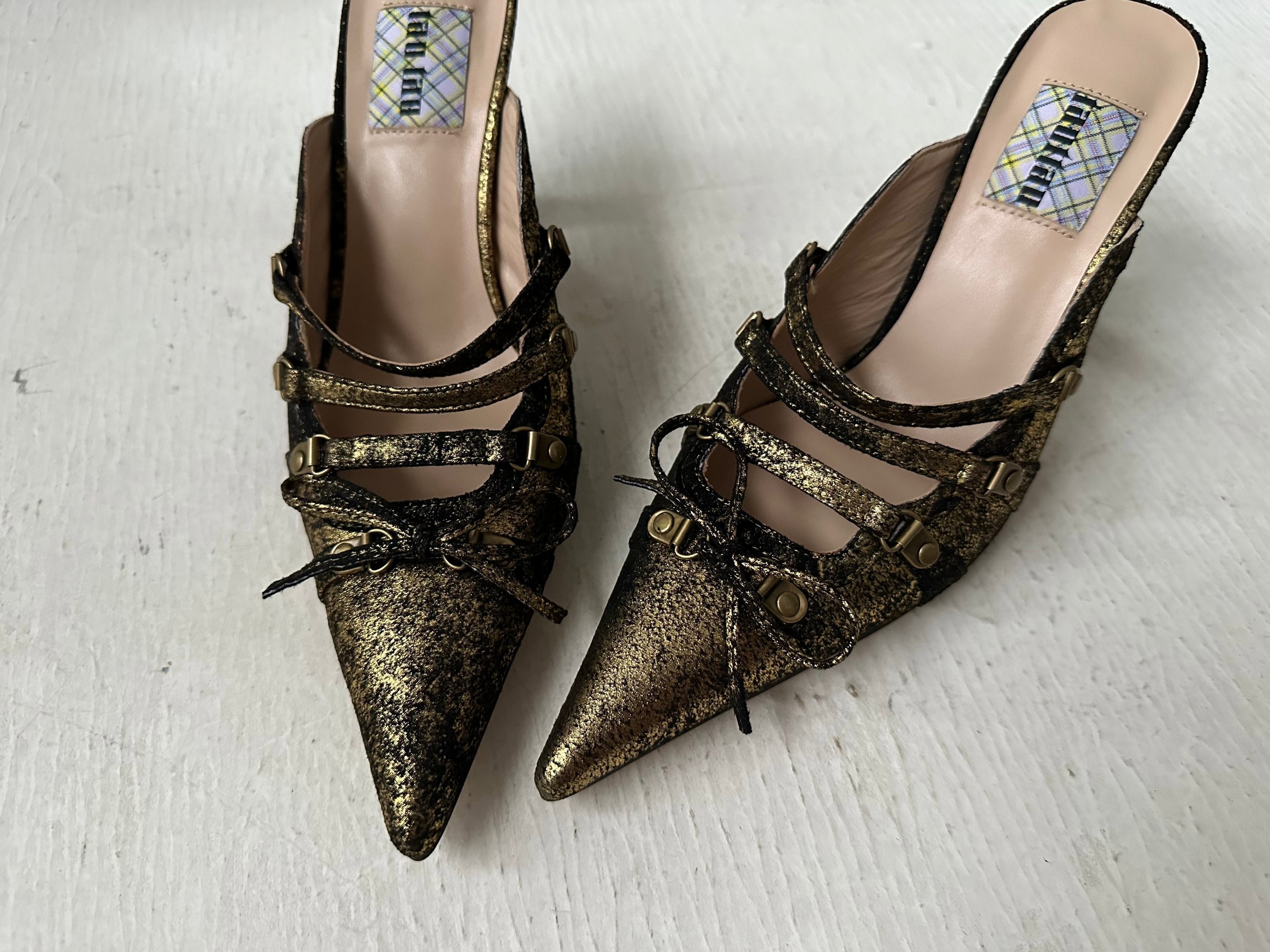 Gold Suede Satin Lace Up Pointed Toe Mules