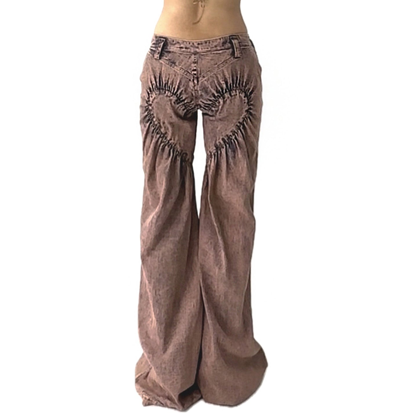 Unisex Ruched Heart Distressed Denim Jeans Pink