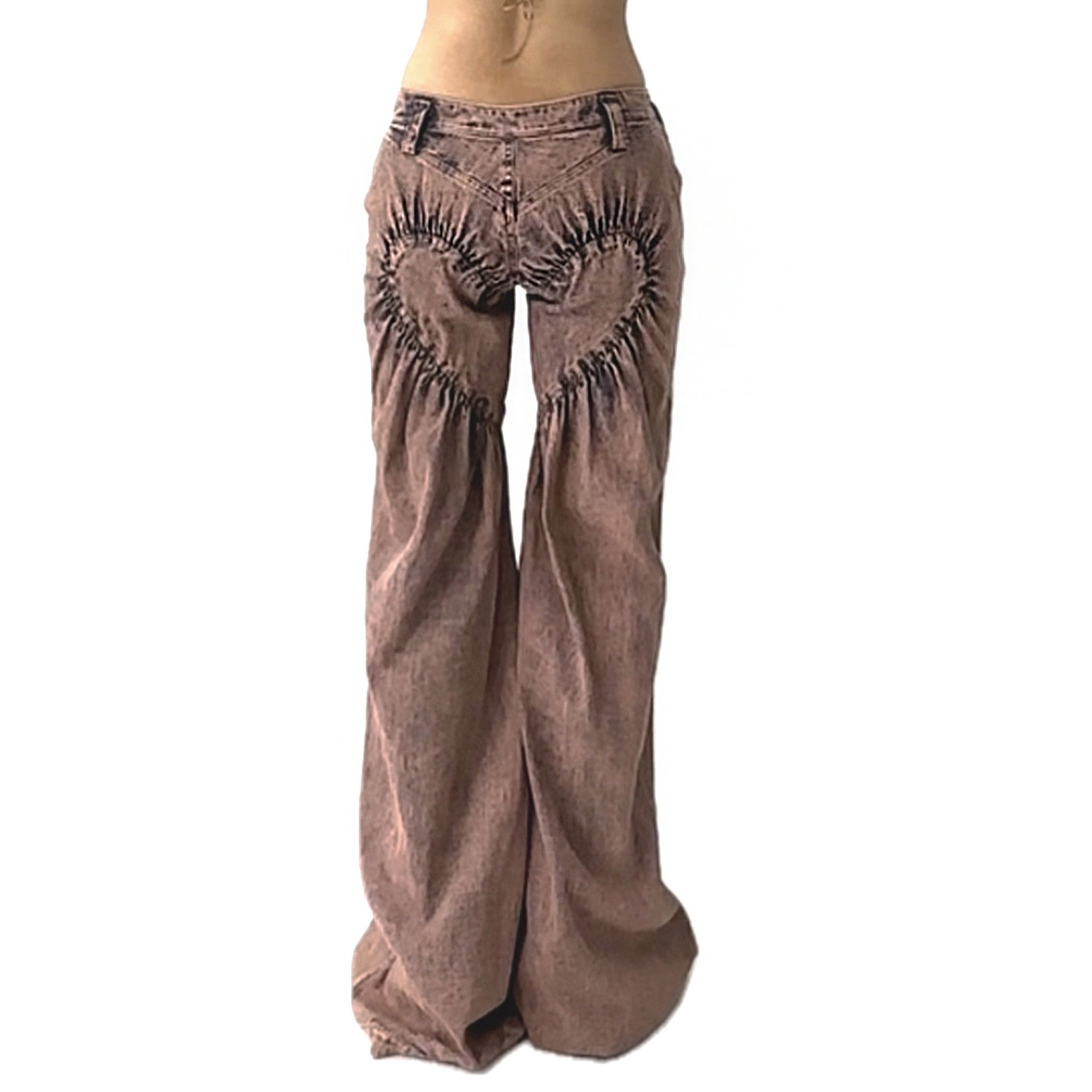 Unisex Ruched Heart Distressed Denim Jeans Pink