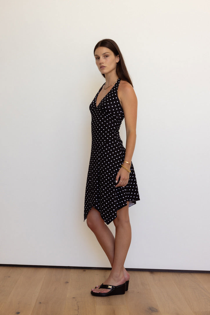 Aurora Halter Dress in Black Polka Dot