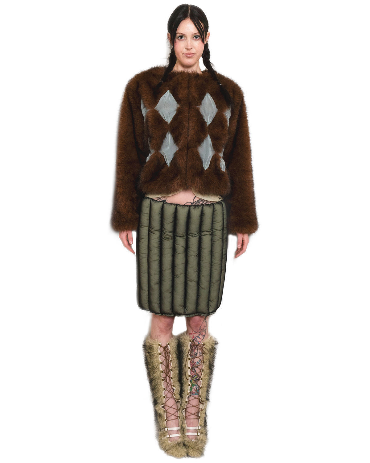 Studded Diamond Patchwork Faux Fur Coat