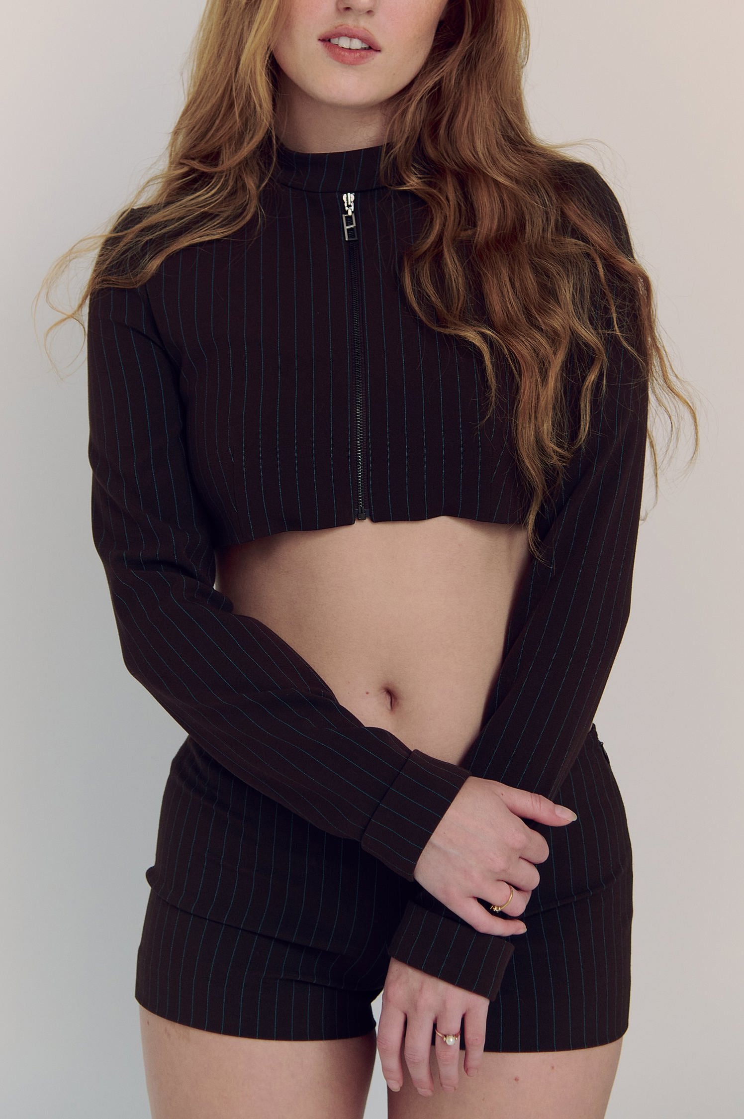 The Cropped Harlow Jacket in Brown Pinstripe