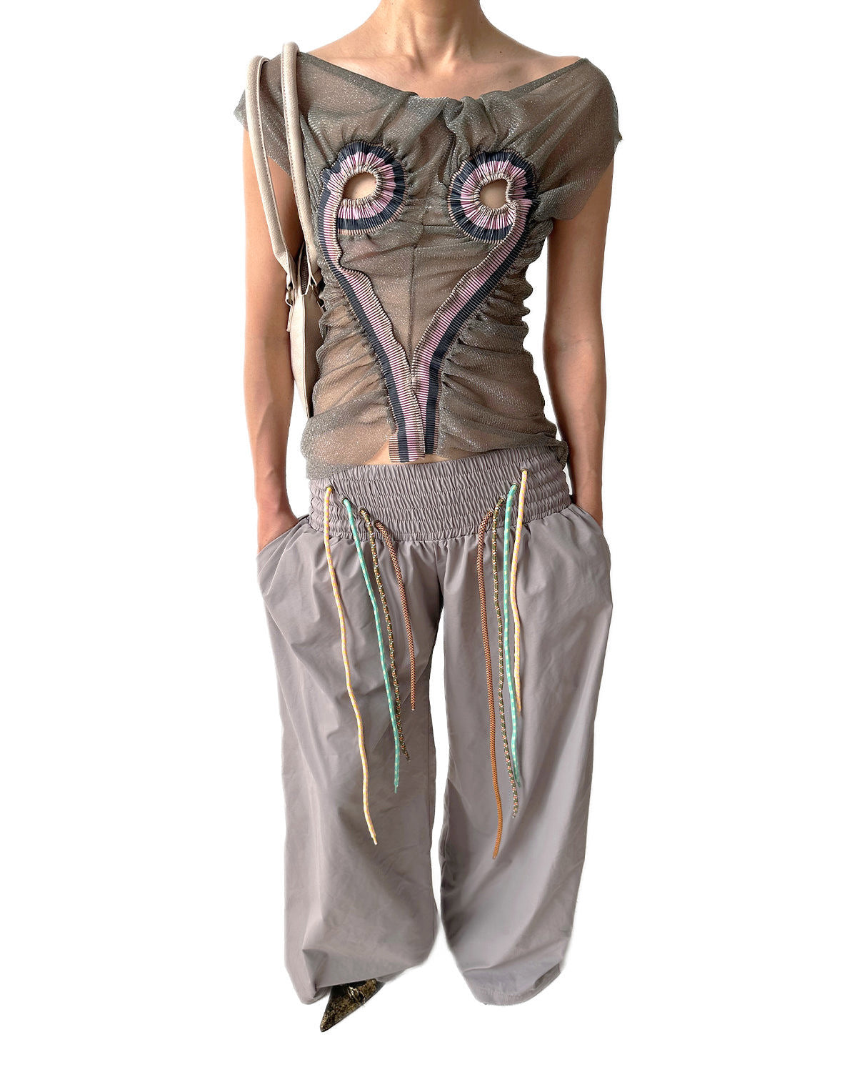 Low-rise Nylon Sports Oversized Baggy Pants w/ 4 Strings Thistle