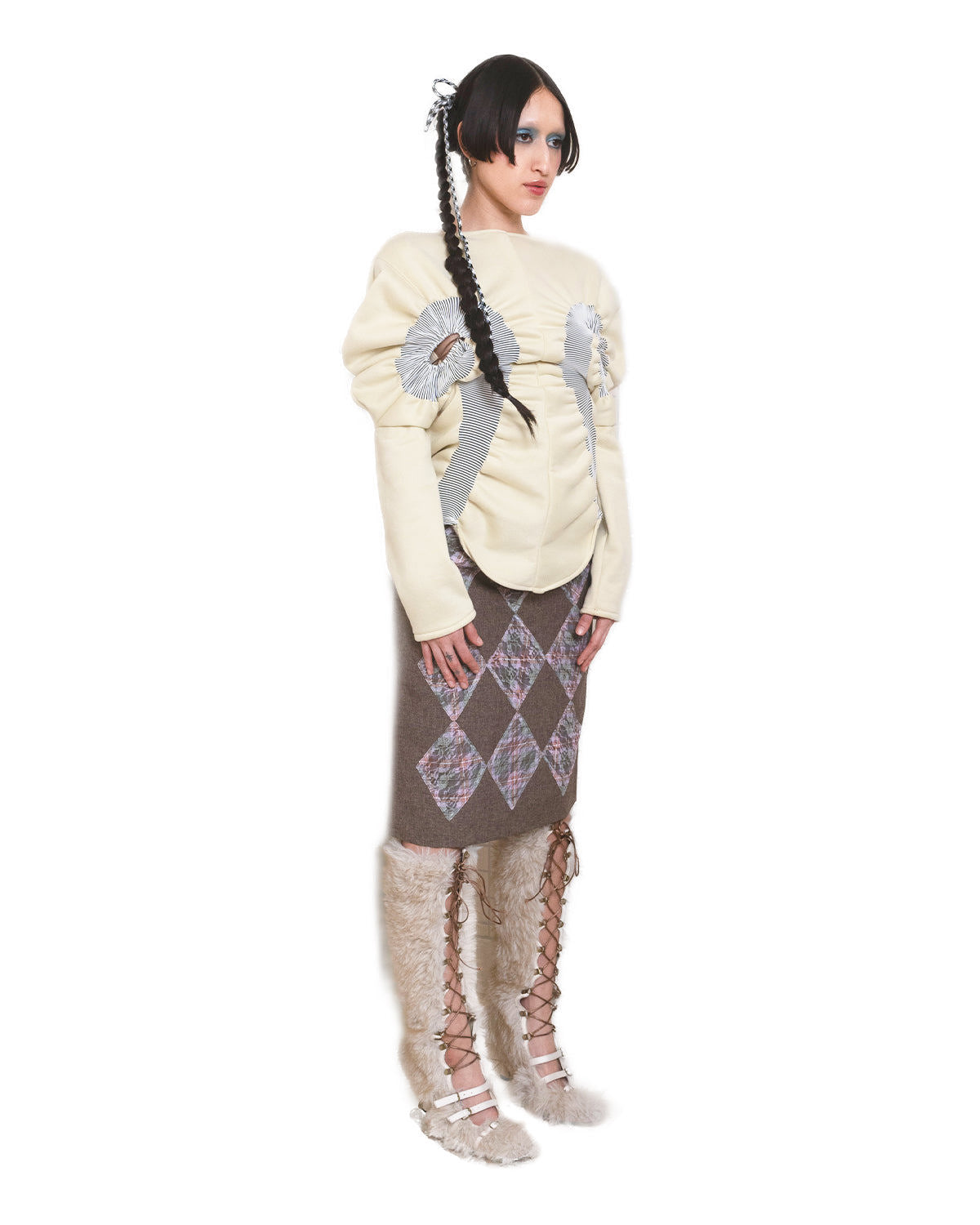 Grey Suiting Pink Plaid Lace Patchwork Midi Skirt