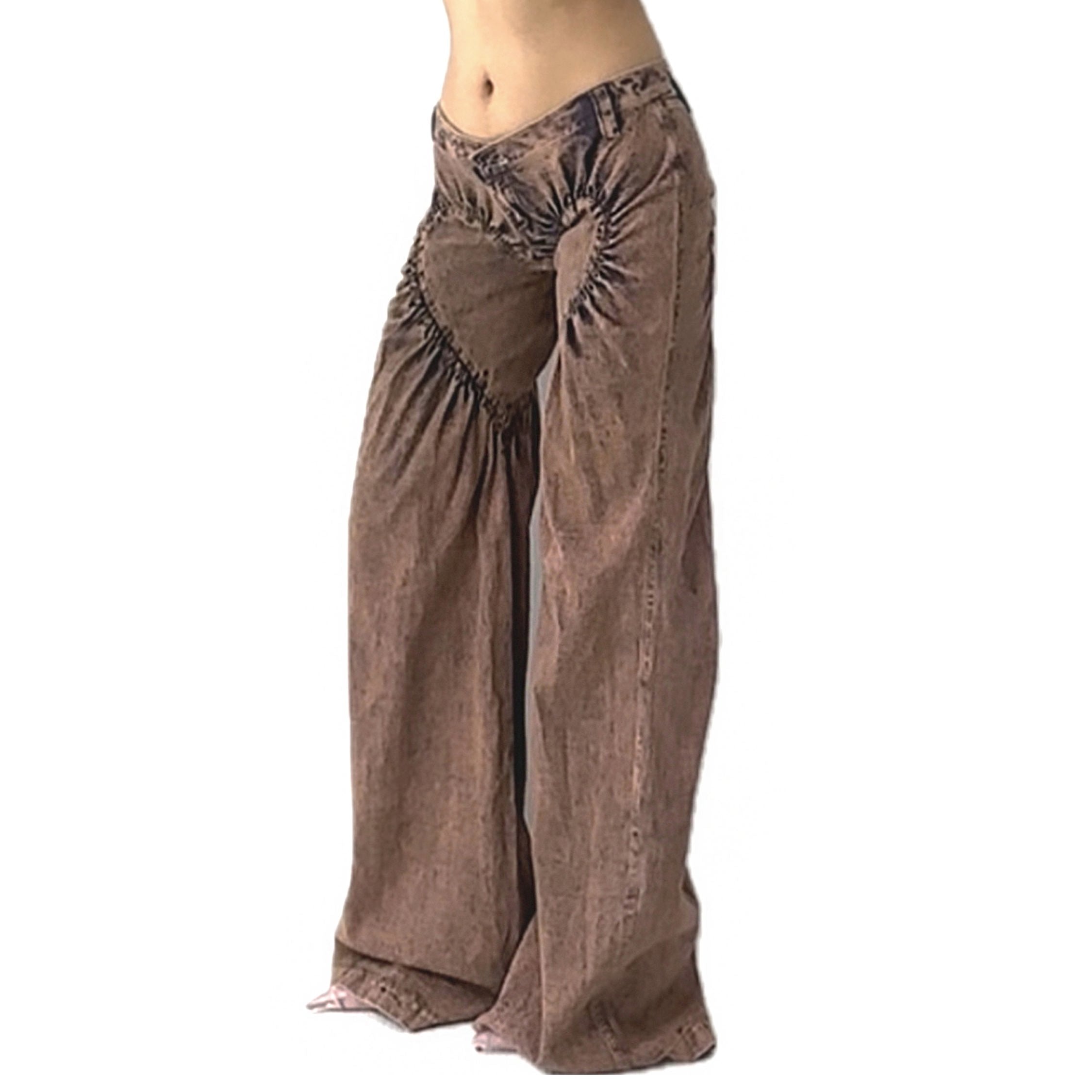 Unisex Ruched Heart Distressed Denim Jeans Pink