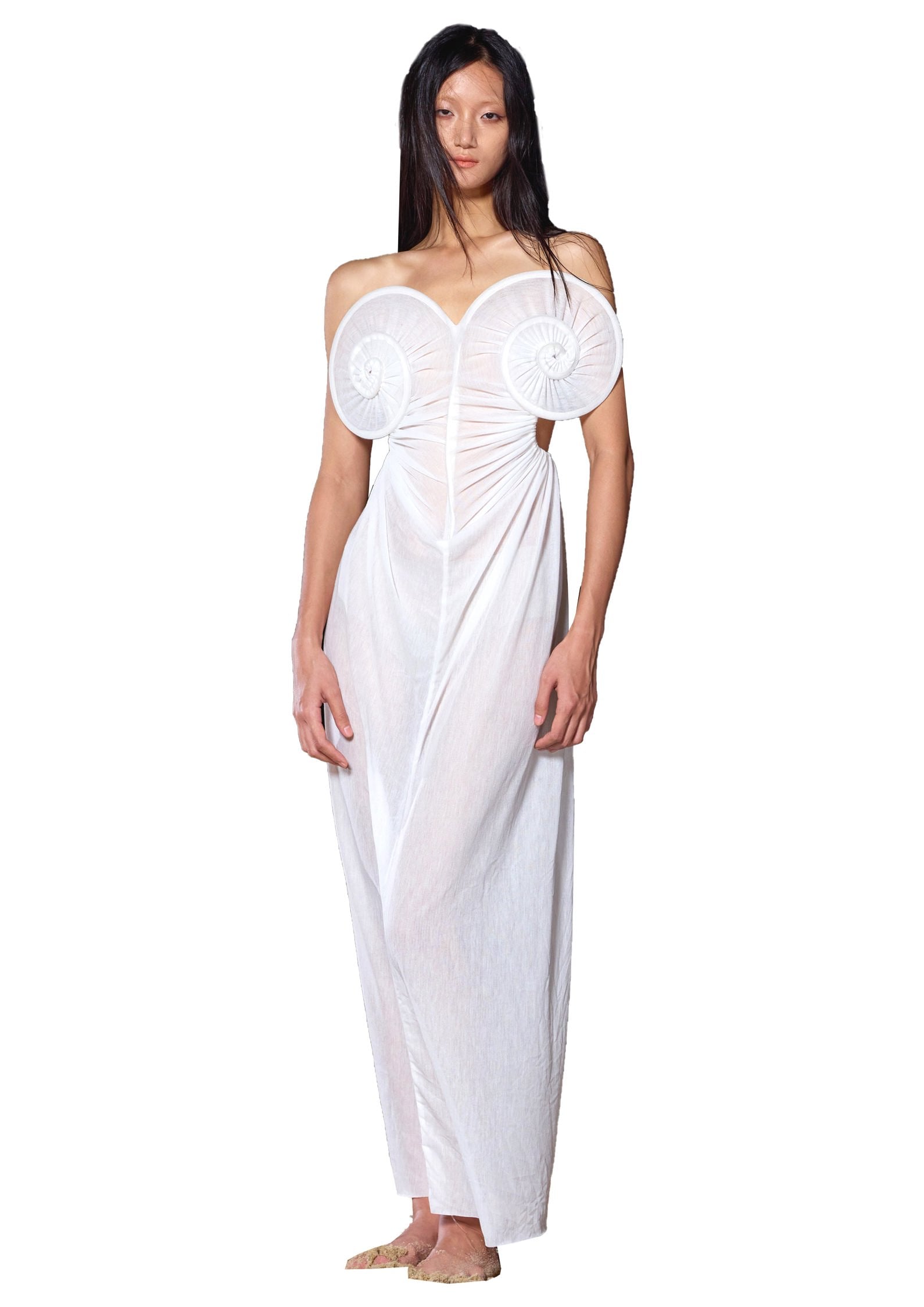 Draped Sea Shell Swirl Maxi Gown White Jersey