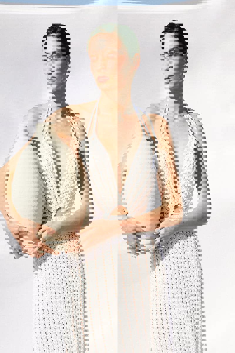 WHITE CROCHET TIE STRAP MIDI DRESS