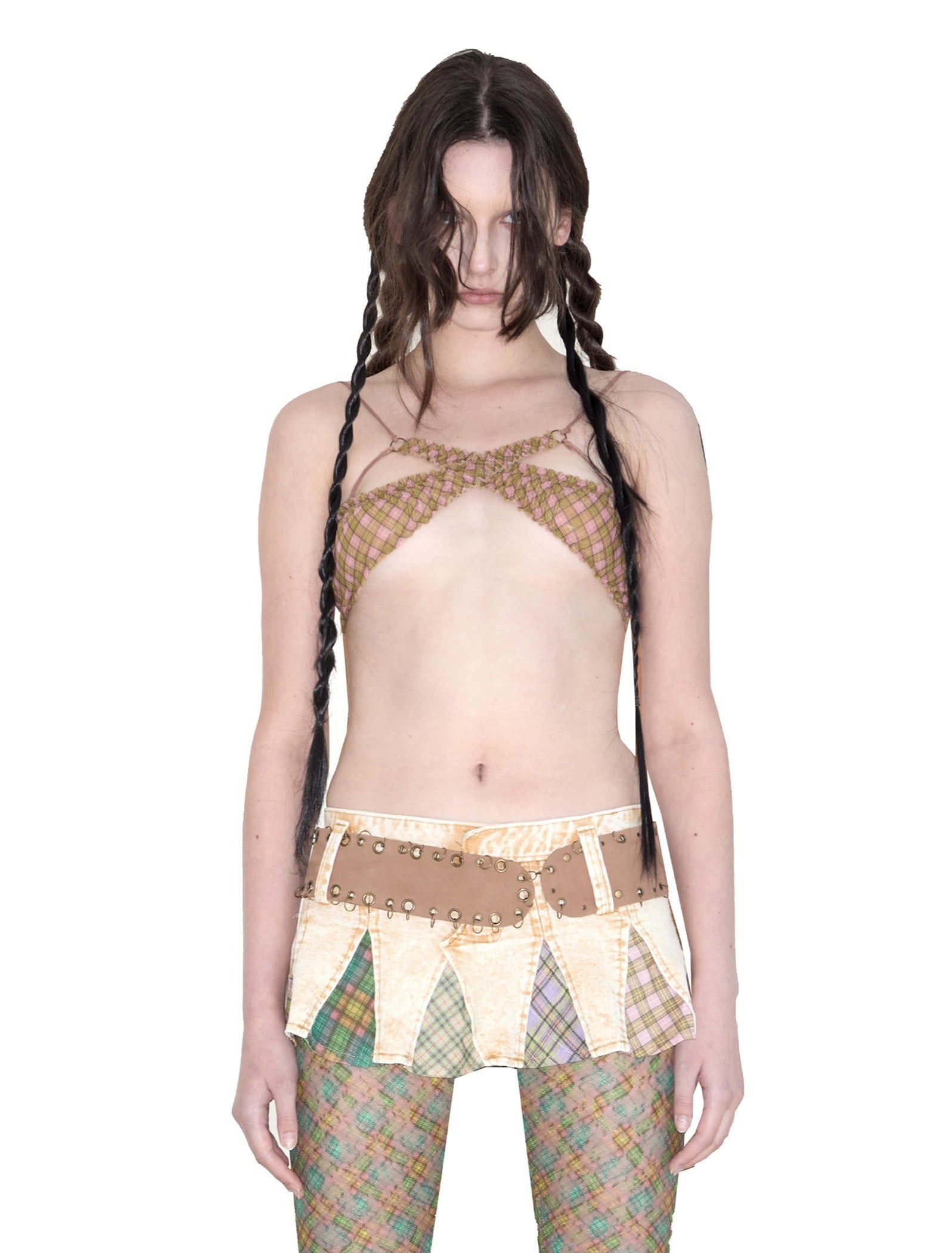 Plaid Mesh Crossover Bikini Set Pink Fenlü Checker