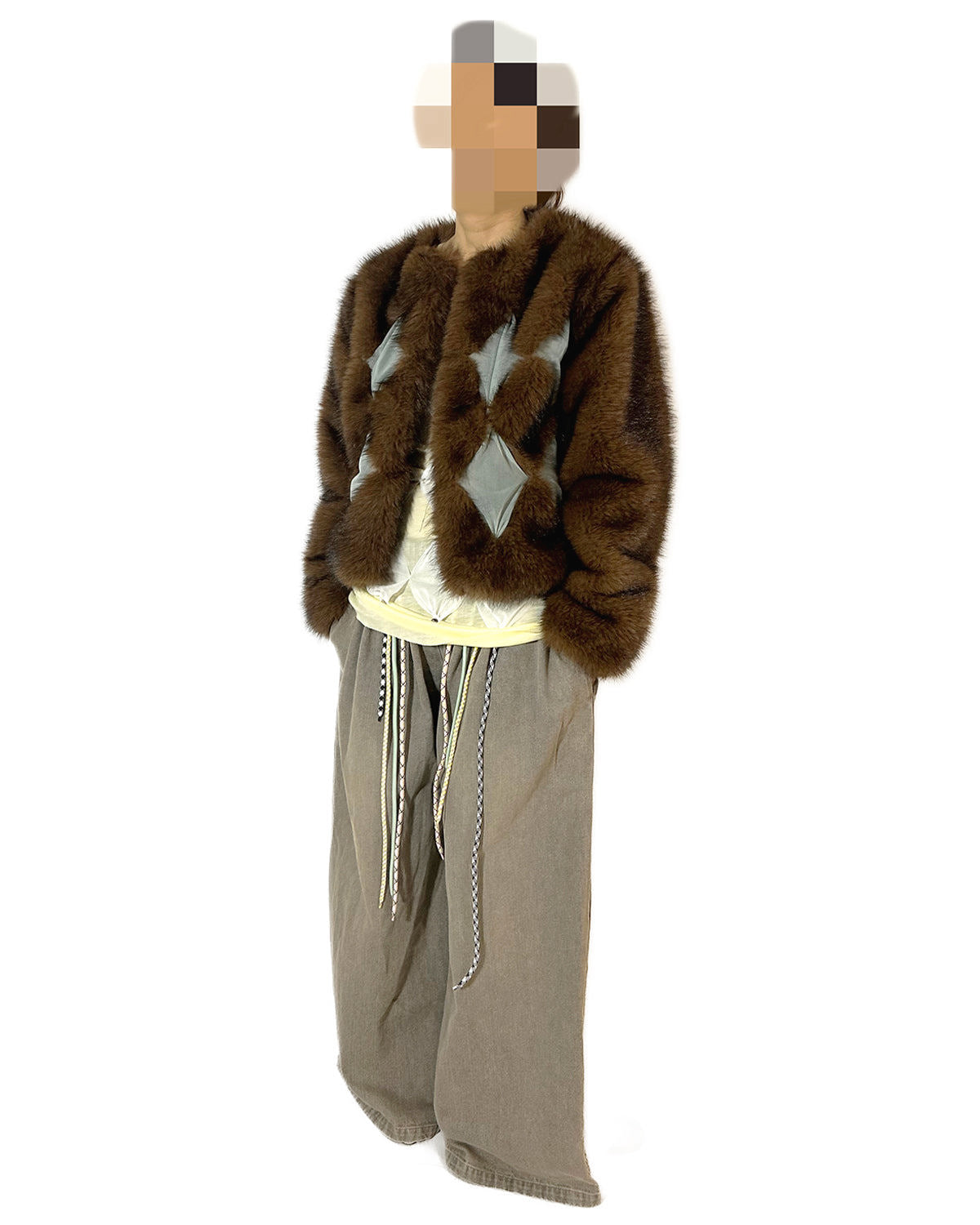 Studded Diamond Patchwork Faux Fur Coat