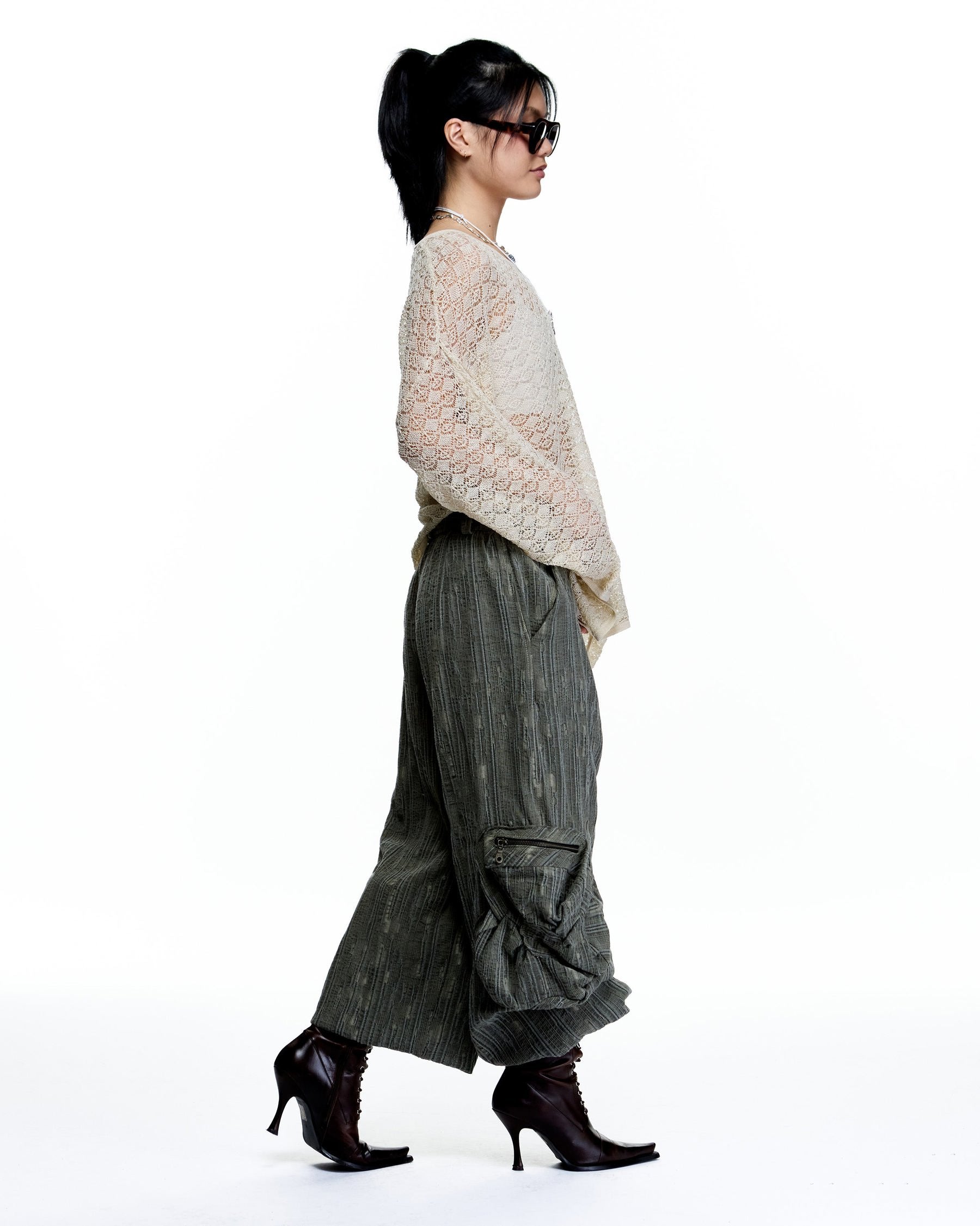 WASHED MOSS DENIM CARGO PANTS