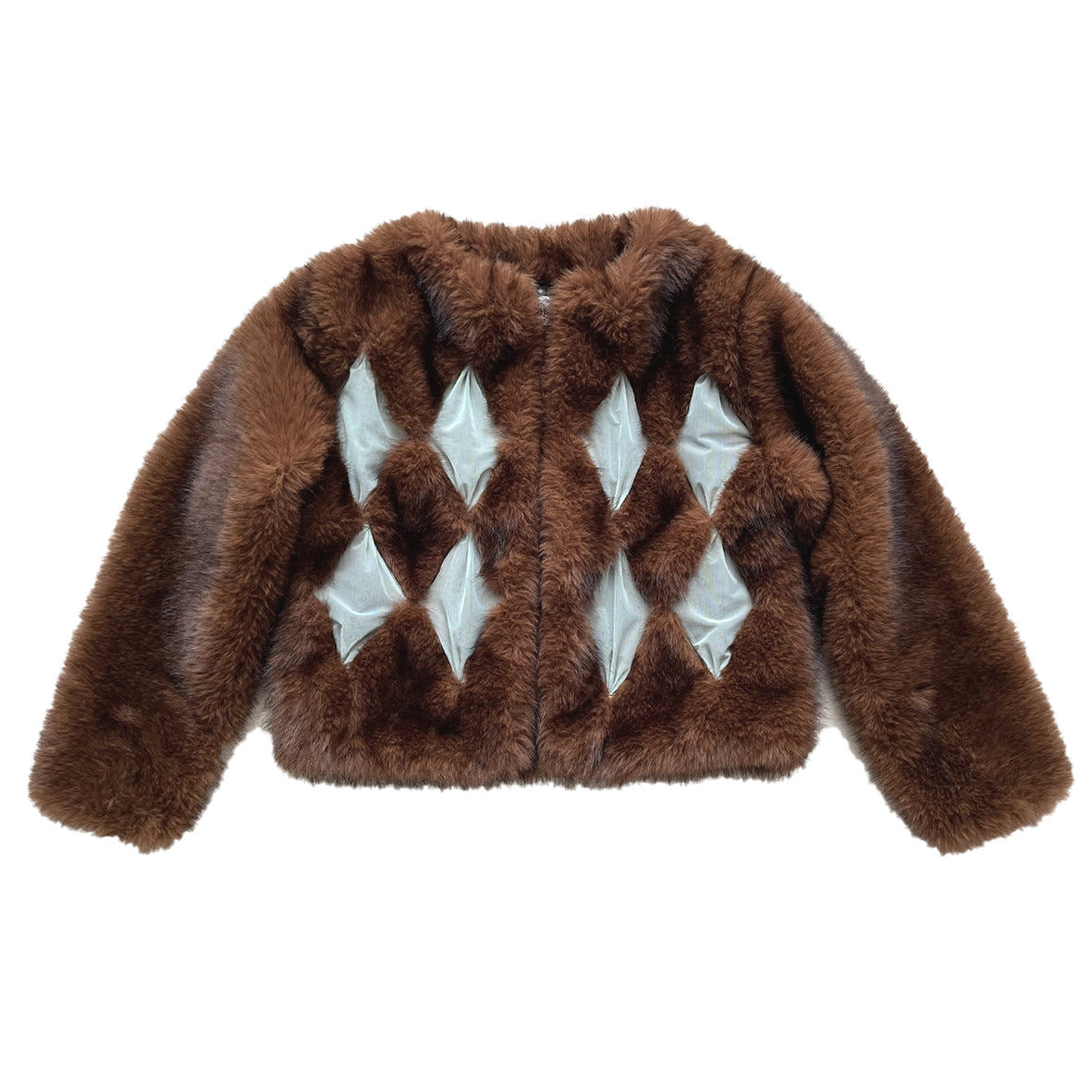 Studded Diamond Patchwork Faux Fur Coat