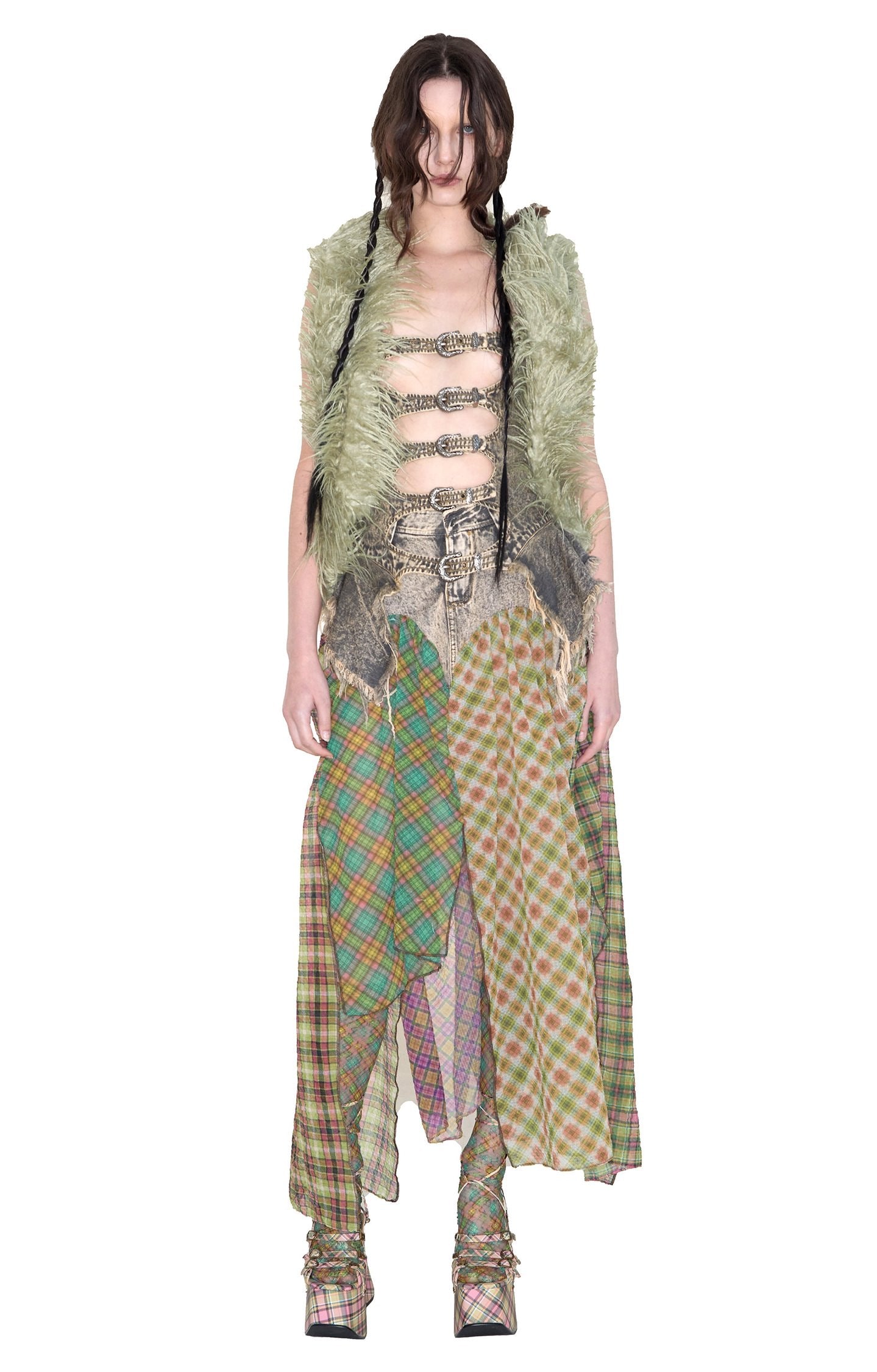 Denim Plaid Patchwork Bubble Chiffon Asymmetrical Maxi Skirt