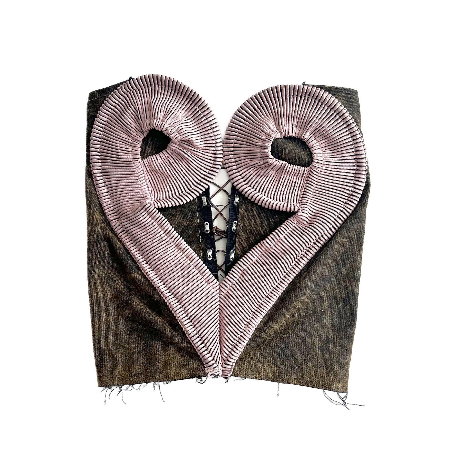 Heart Rib Pink Patchwork Tie-Dye Denim Corset Top with Cutout