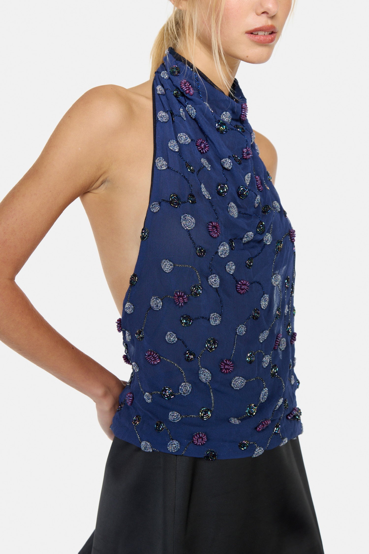 Embroided blue silk top