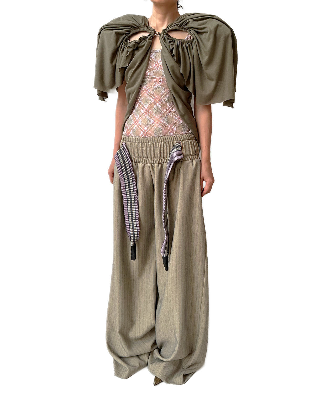 Cutout Football Bow Bolero Top with Shoulder Padding Olive Jersey