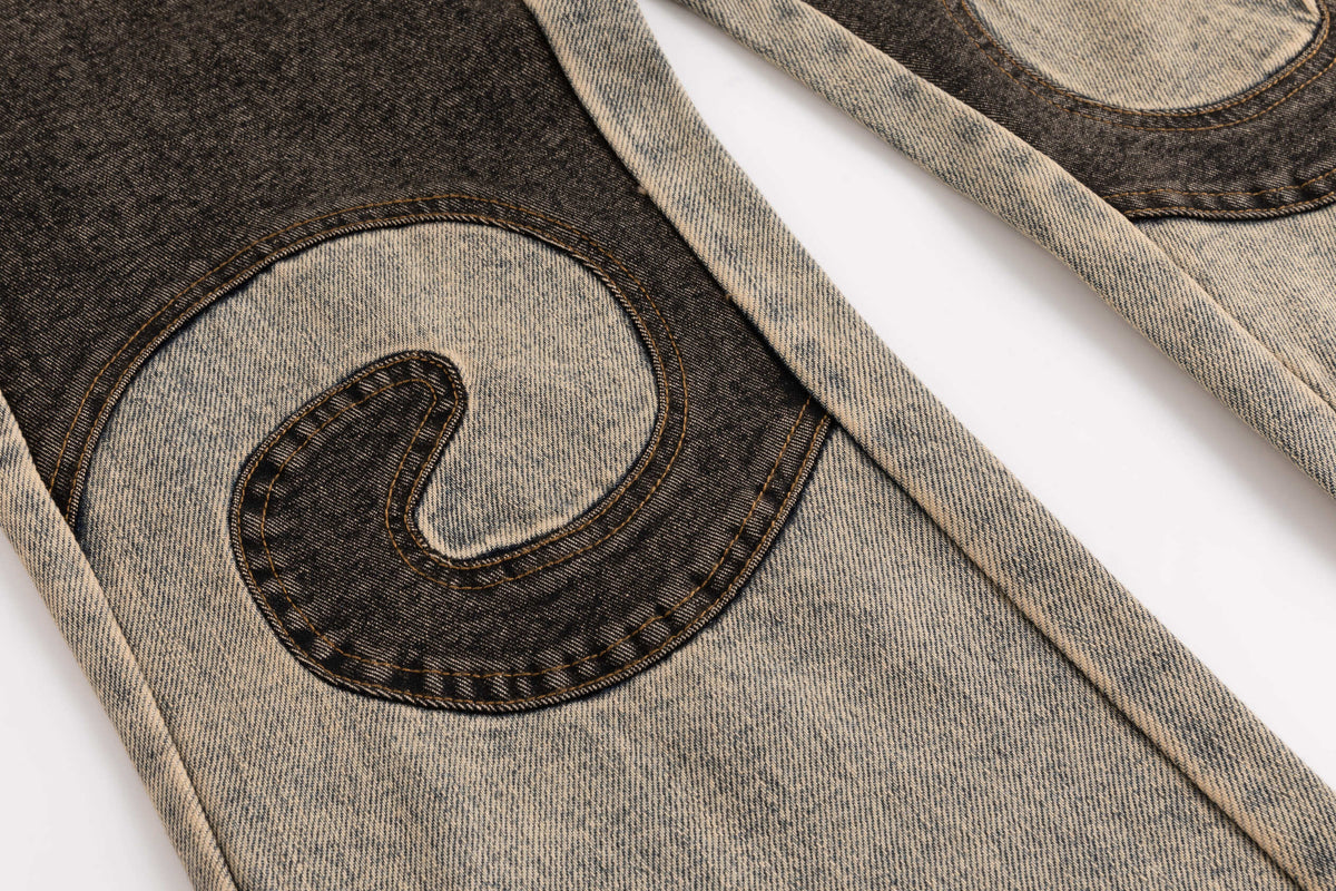 Black Blue Washout Stretch Denim Flared Jeans