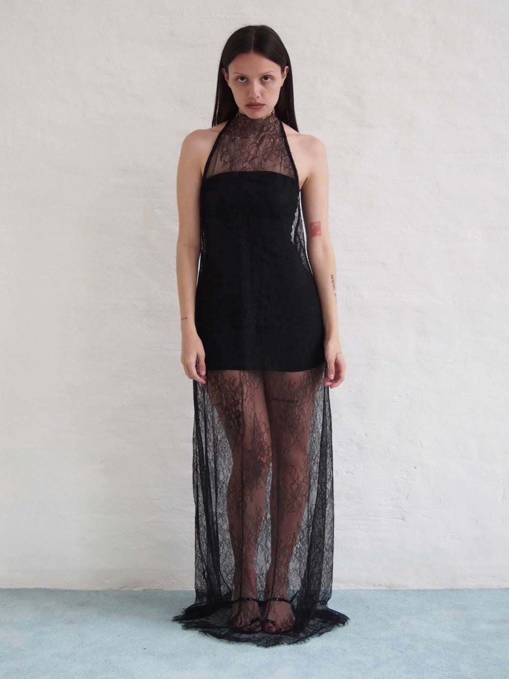 LACE NECK DRESS + STRAPLESS SLIP - BLACK