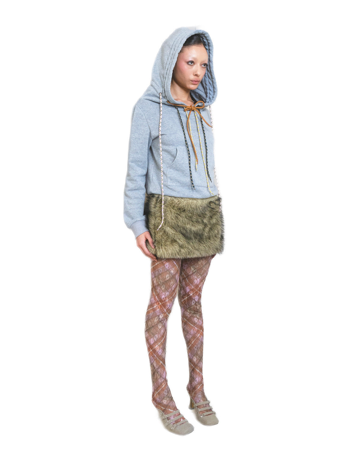 Grey Woolen Suiting Lace Up Square Toe Mules