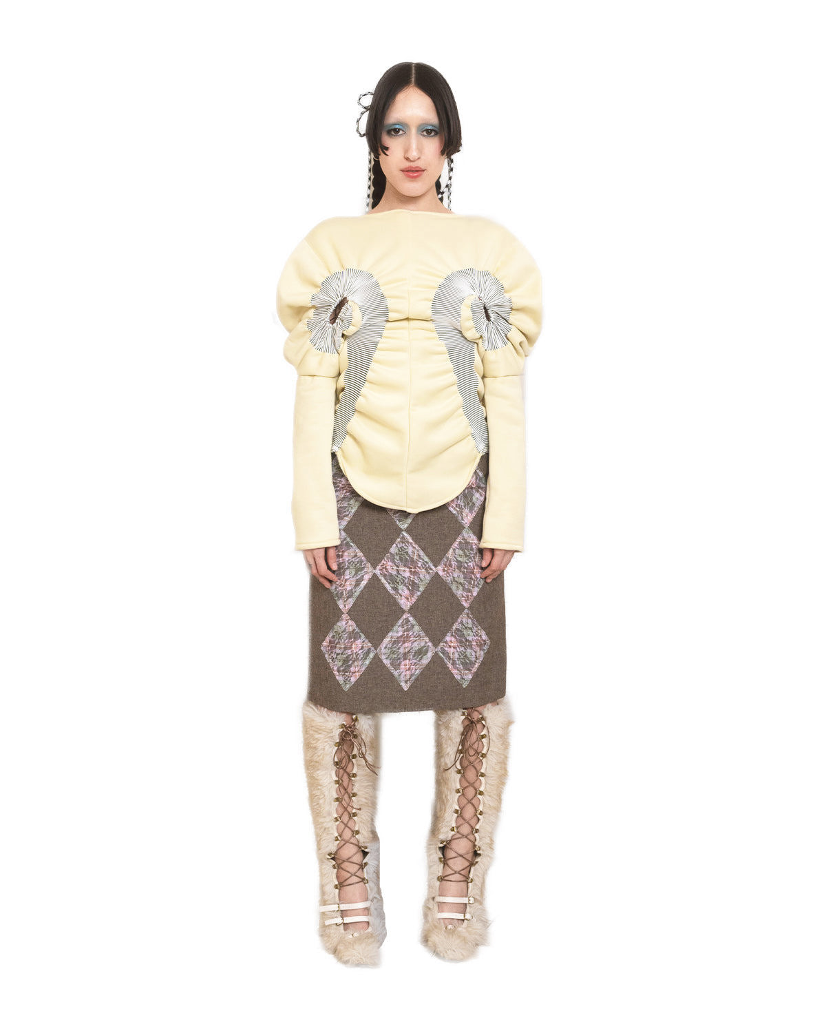 Grey Suiting Pink Plaid Lace Patchwork Midi Skirt