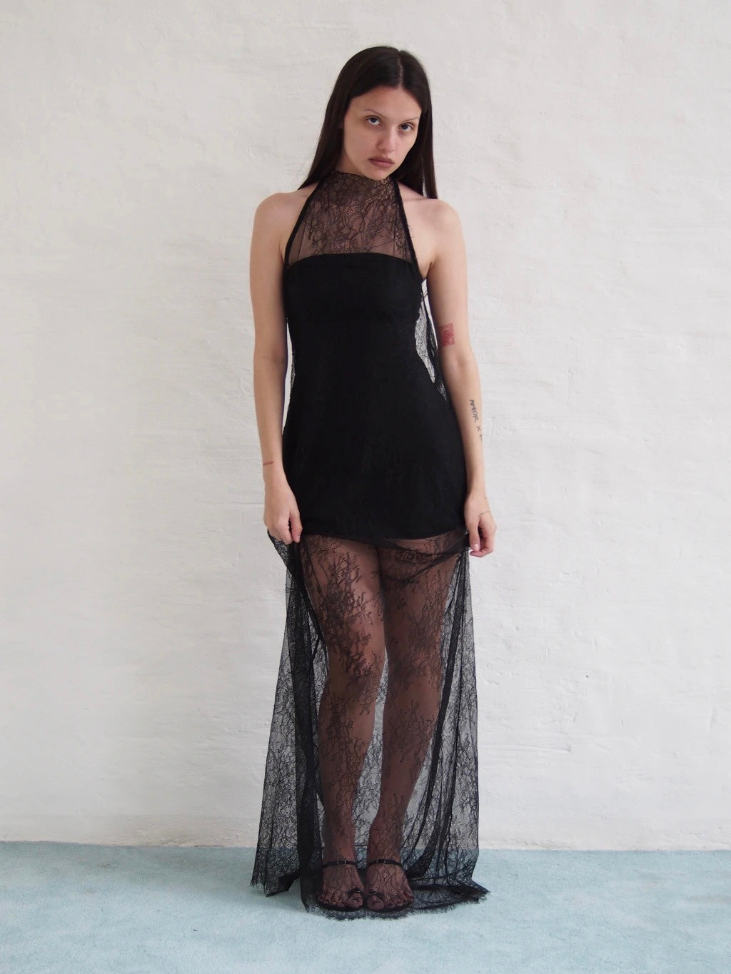 LACE NECK DRESS + STRAPLESS SLIP - BLACK