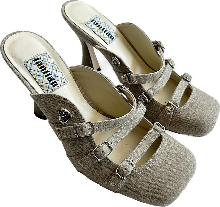 Grey Woolen Suiting Lace Up Square Toe Mules