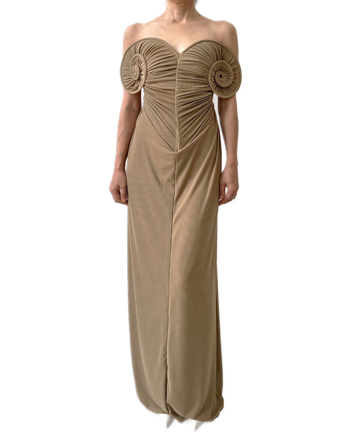 Draped Sea Shell Swirl Maxi Gown Khaki