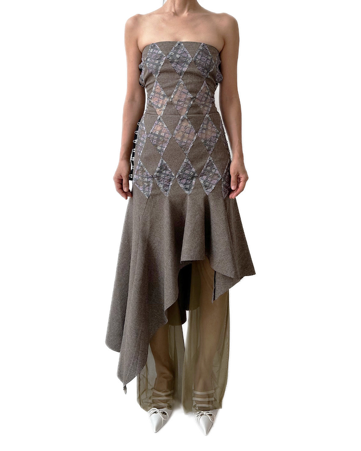 Patchwork Lace Purple Plaid Office Flared Midi Dress